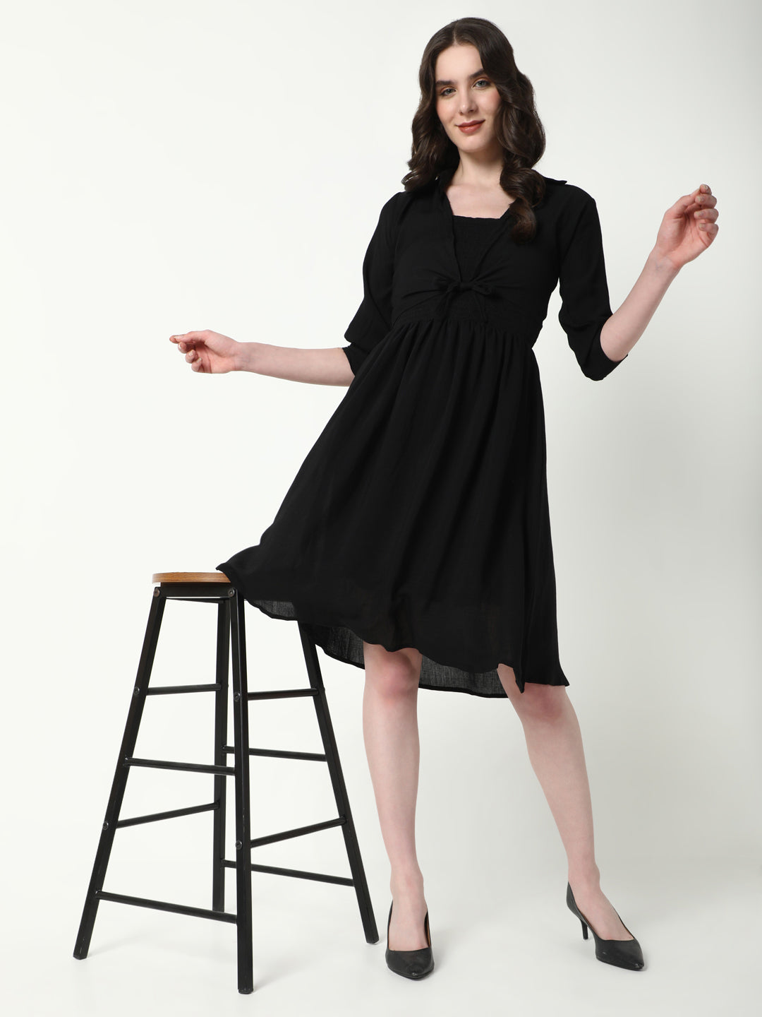 Women Solid Black Flared Dress with shrug