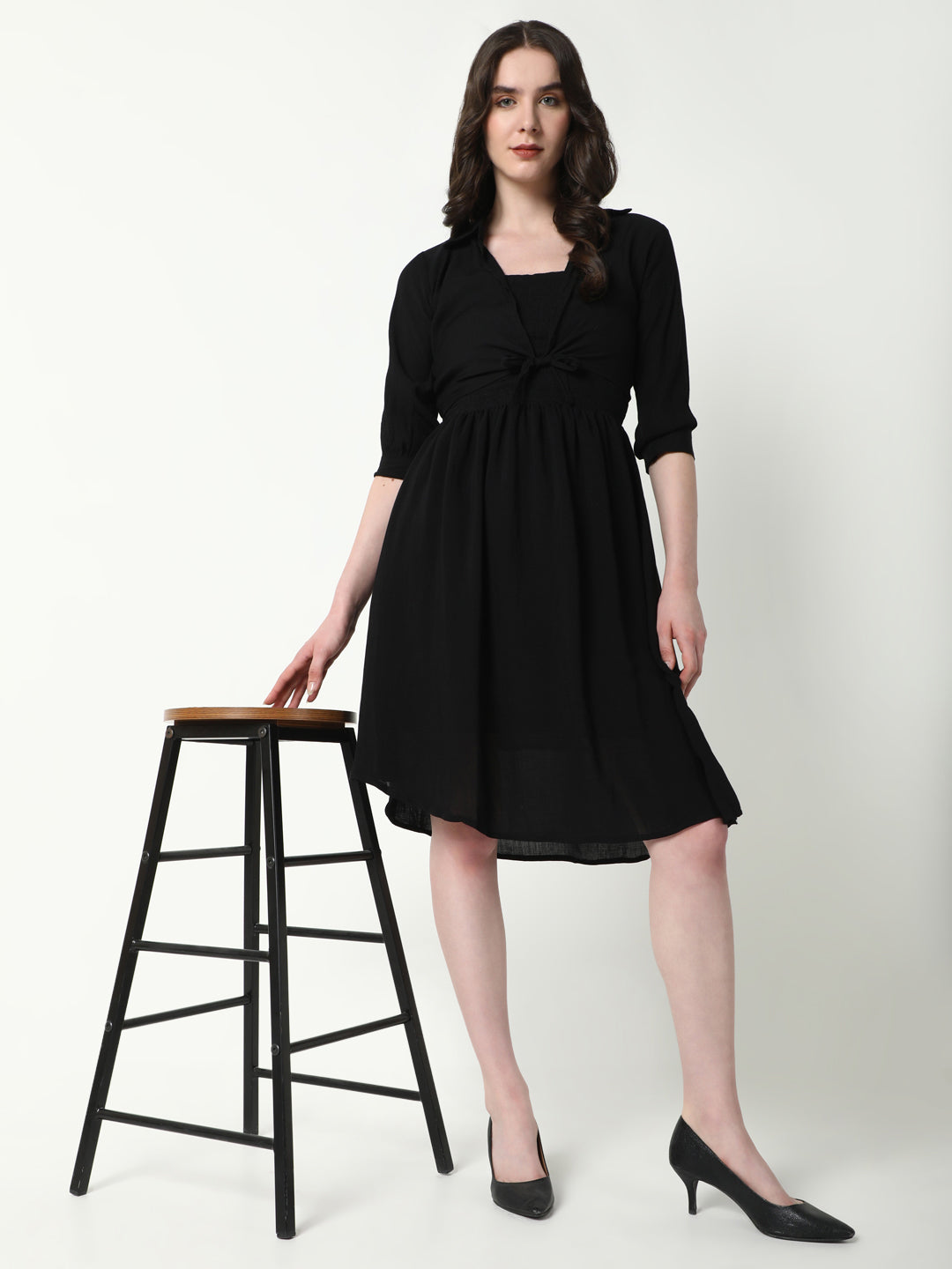 Women Solid Black Flared Dress with shrug