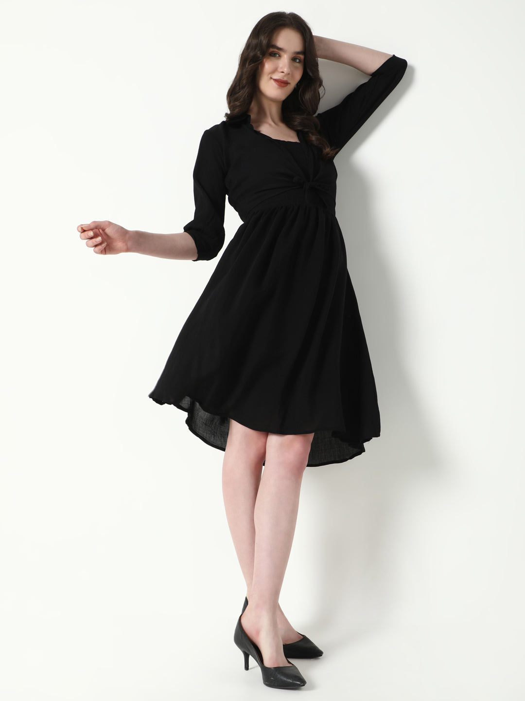 Women Solid Black Flared Dress with shrug