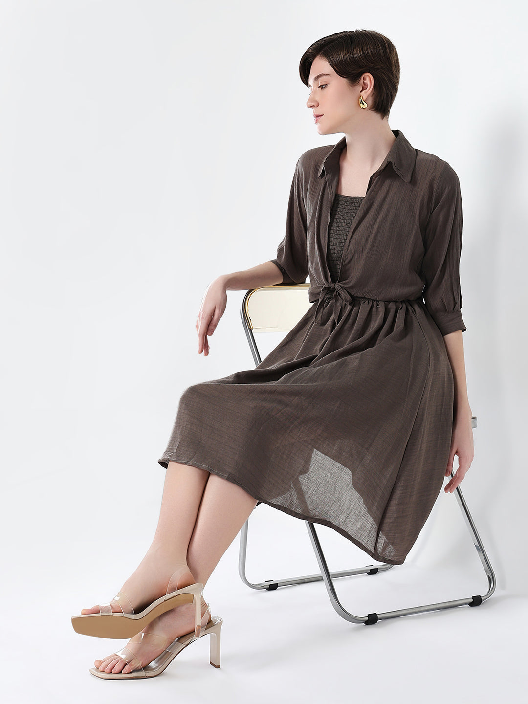 Women Solid Olive Fit and Flare Dress with Shrug