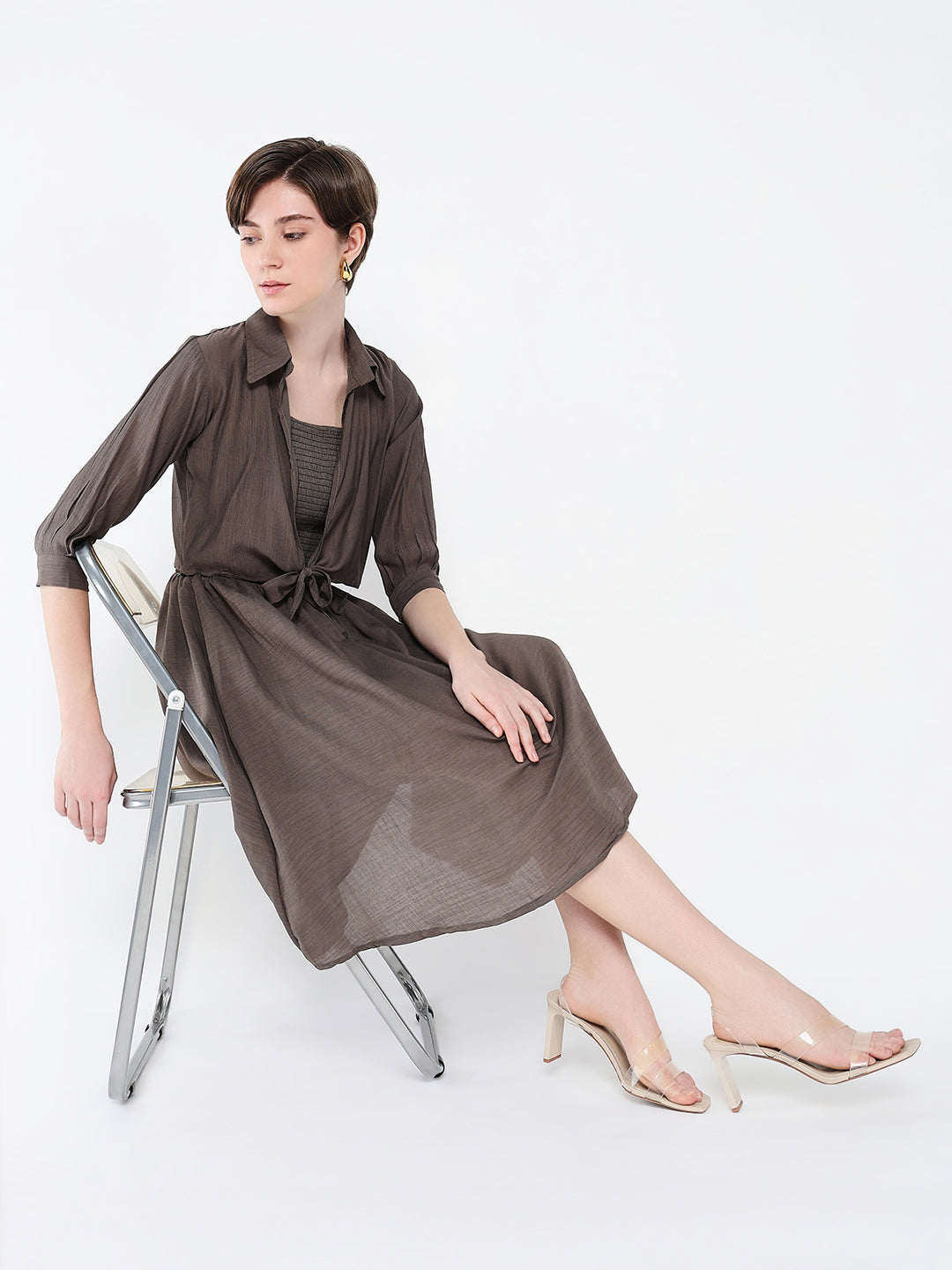 Women Solid Olive Fit and Flare Dress with Shrug