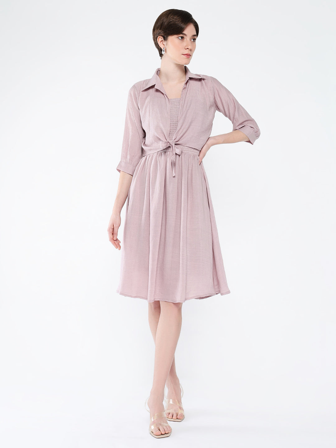 Women Solid Peach Fit and Flare Dress with Shrug