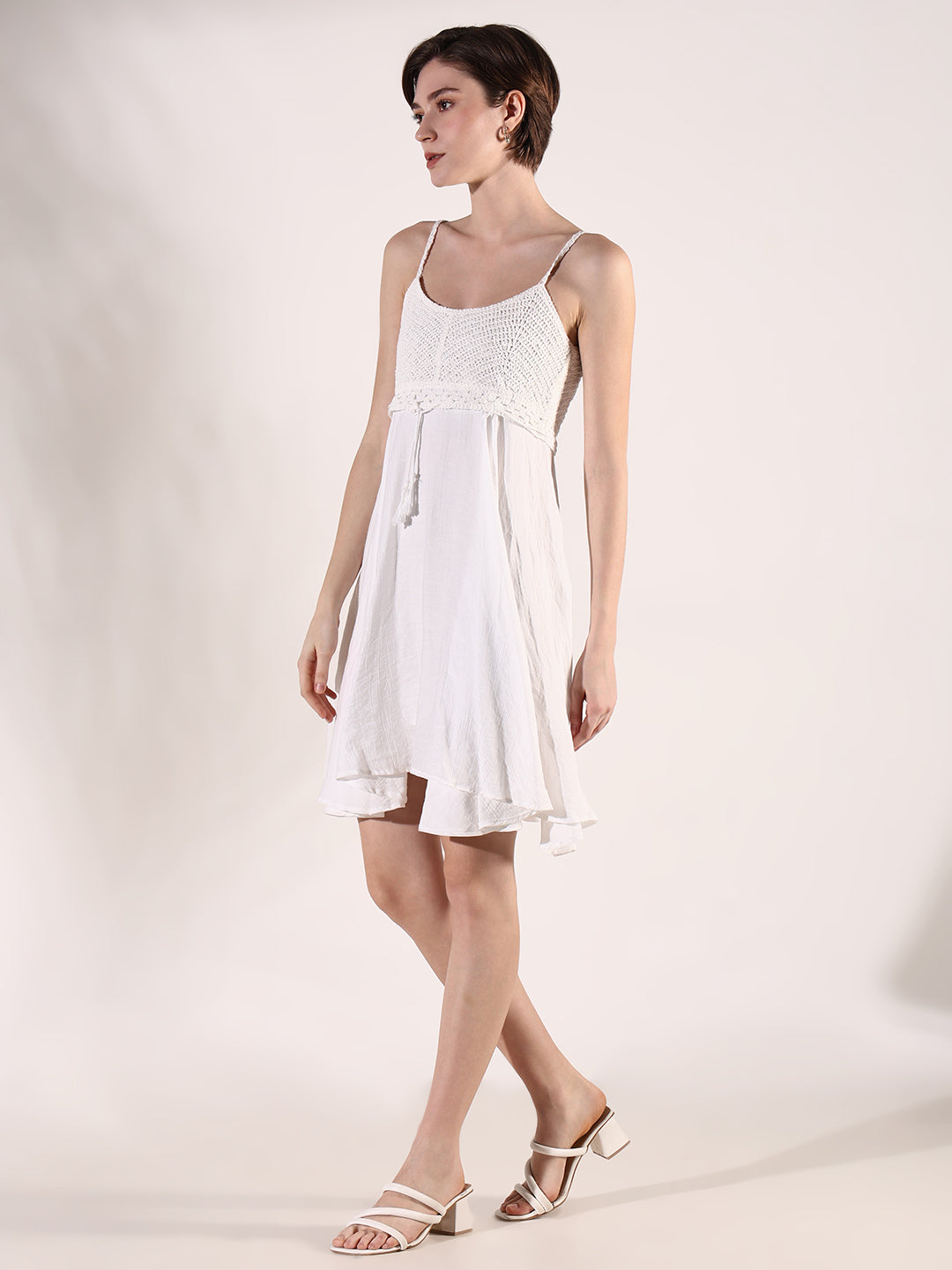 Women White Solid Fit and Flare Dress with Shrug