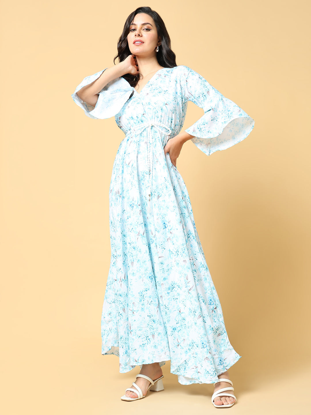 Women Printed Blue Fit and Flare Dress