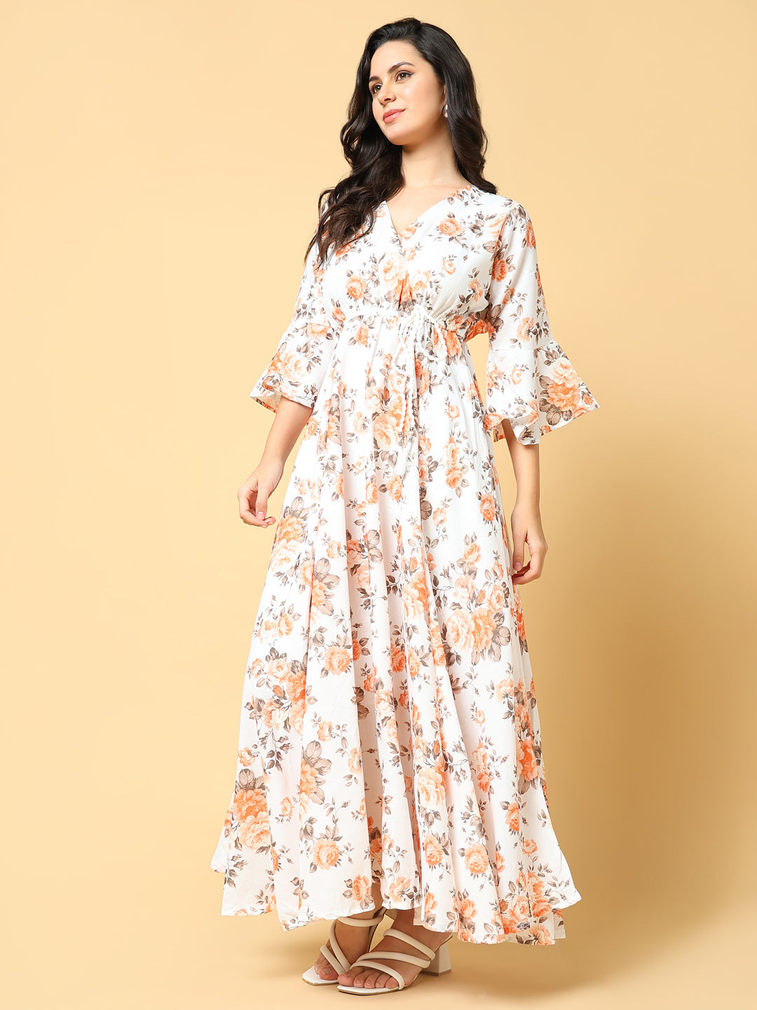 Women Printed Orange Fit and Flare Dress