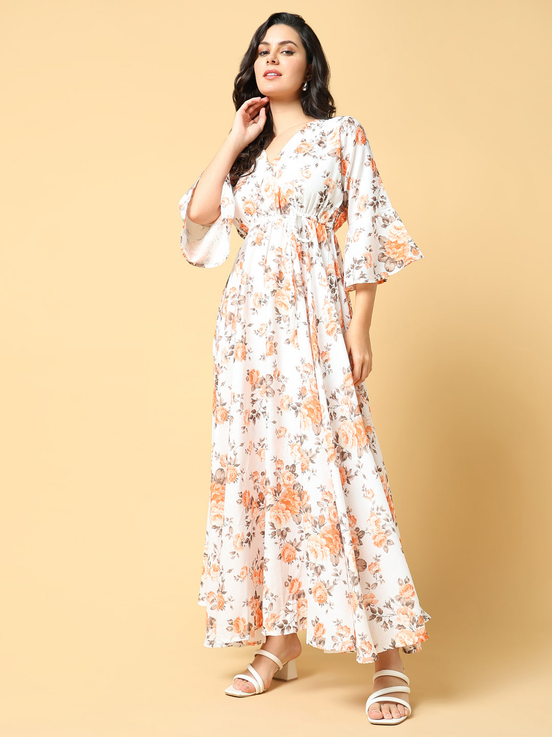 Women Printed Orange Fit and Flare Dress