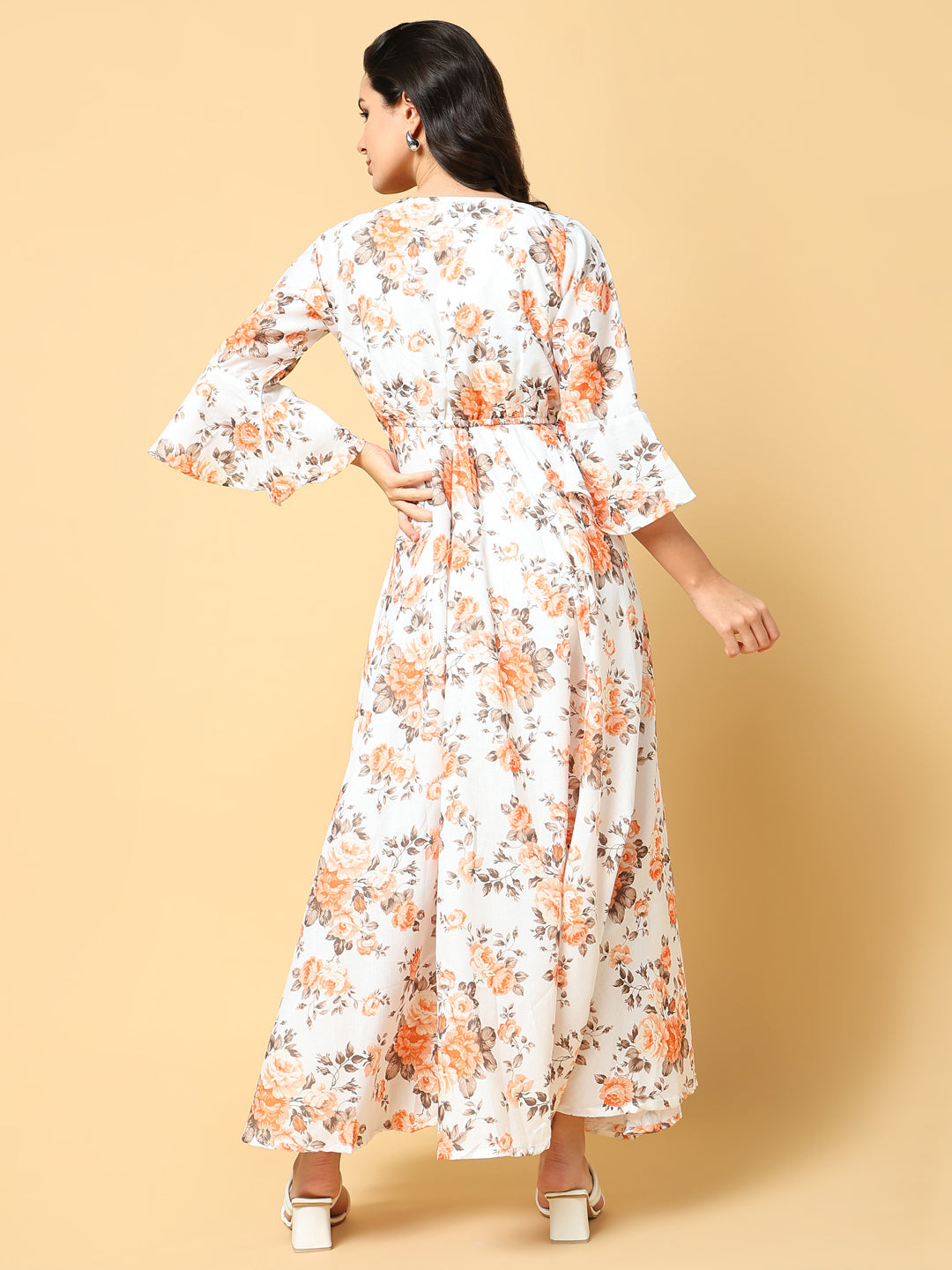 Women Printed Orange Fit and Flare Dress