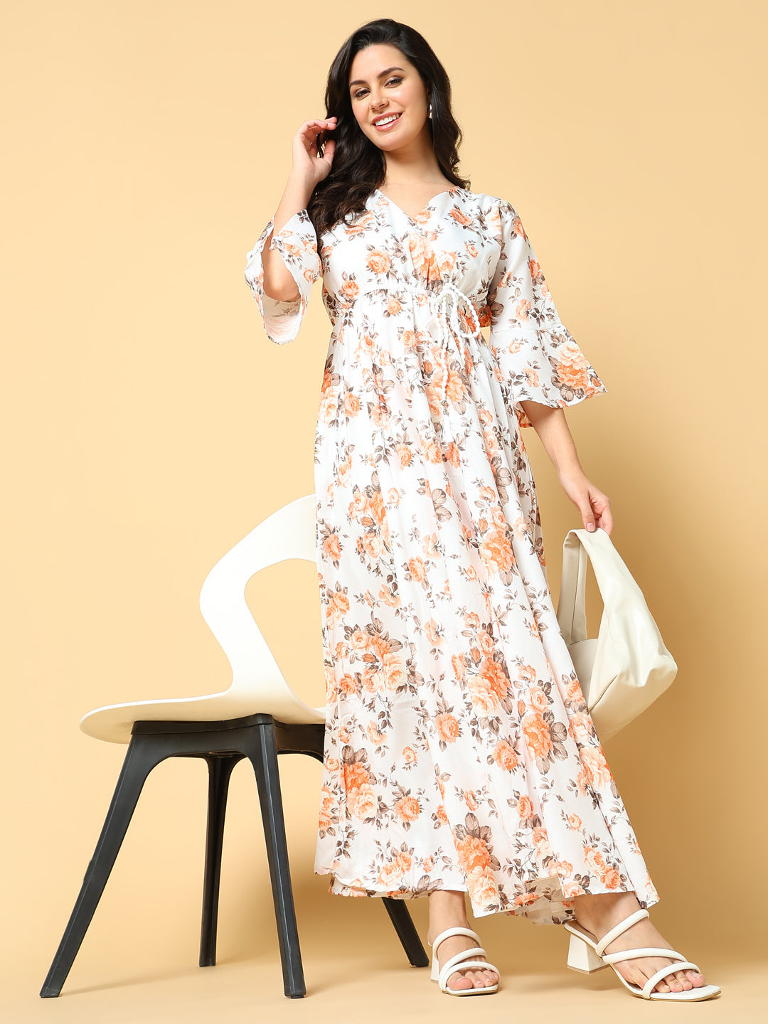 Women Printed Orange Fit and Flare Dress