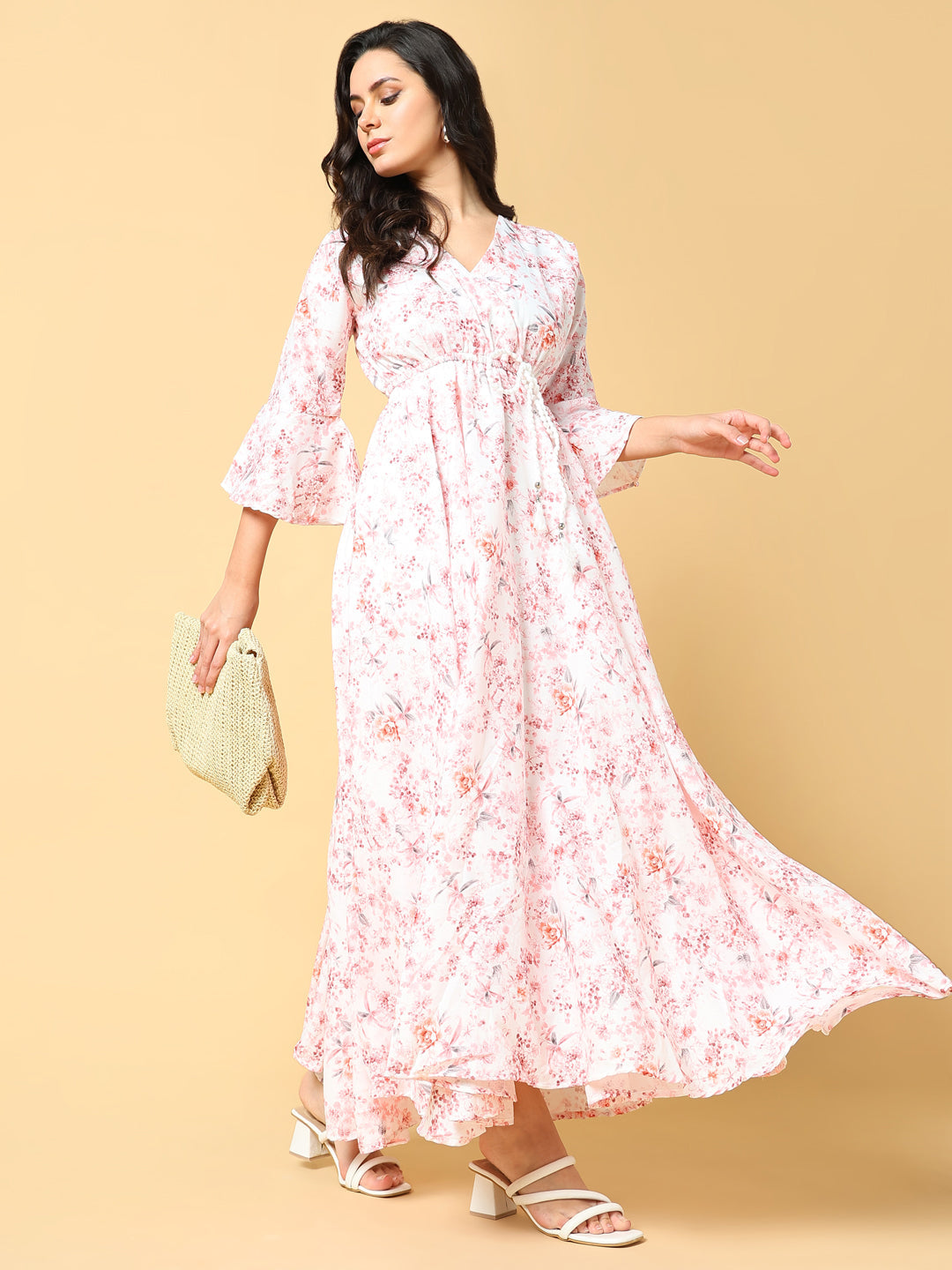 Women Printed Peach Fit and Flare Dress