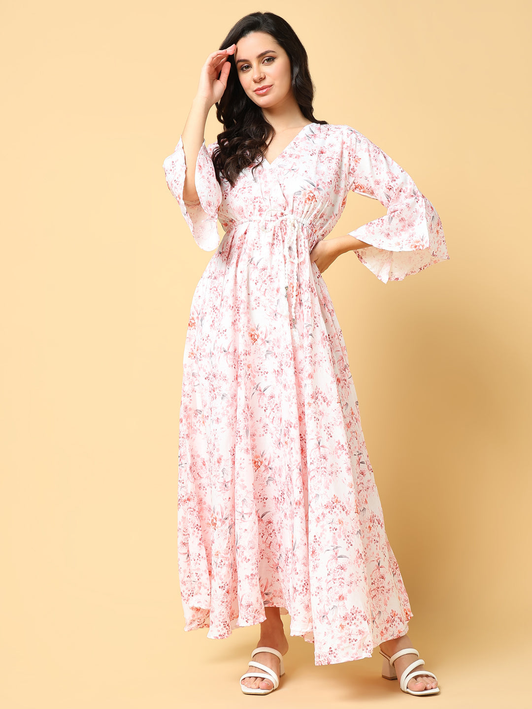 Women Printed Peach Fit and Flare Dress