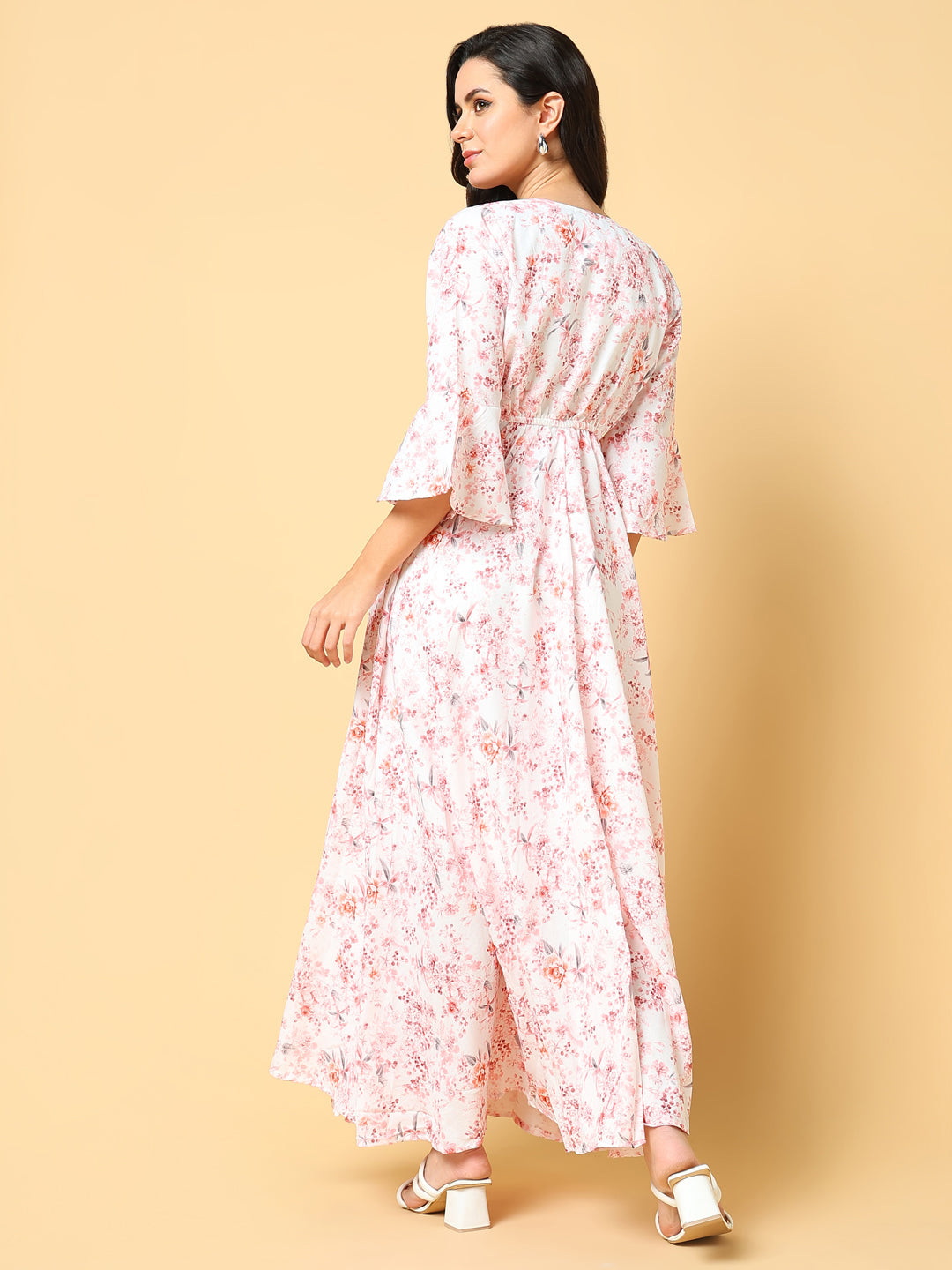 Women Printed Peach Fit and Flare Dress