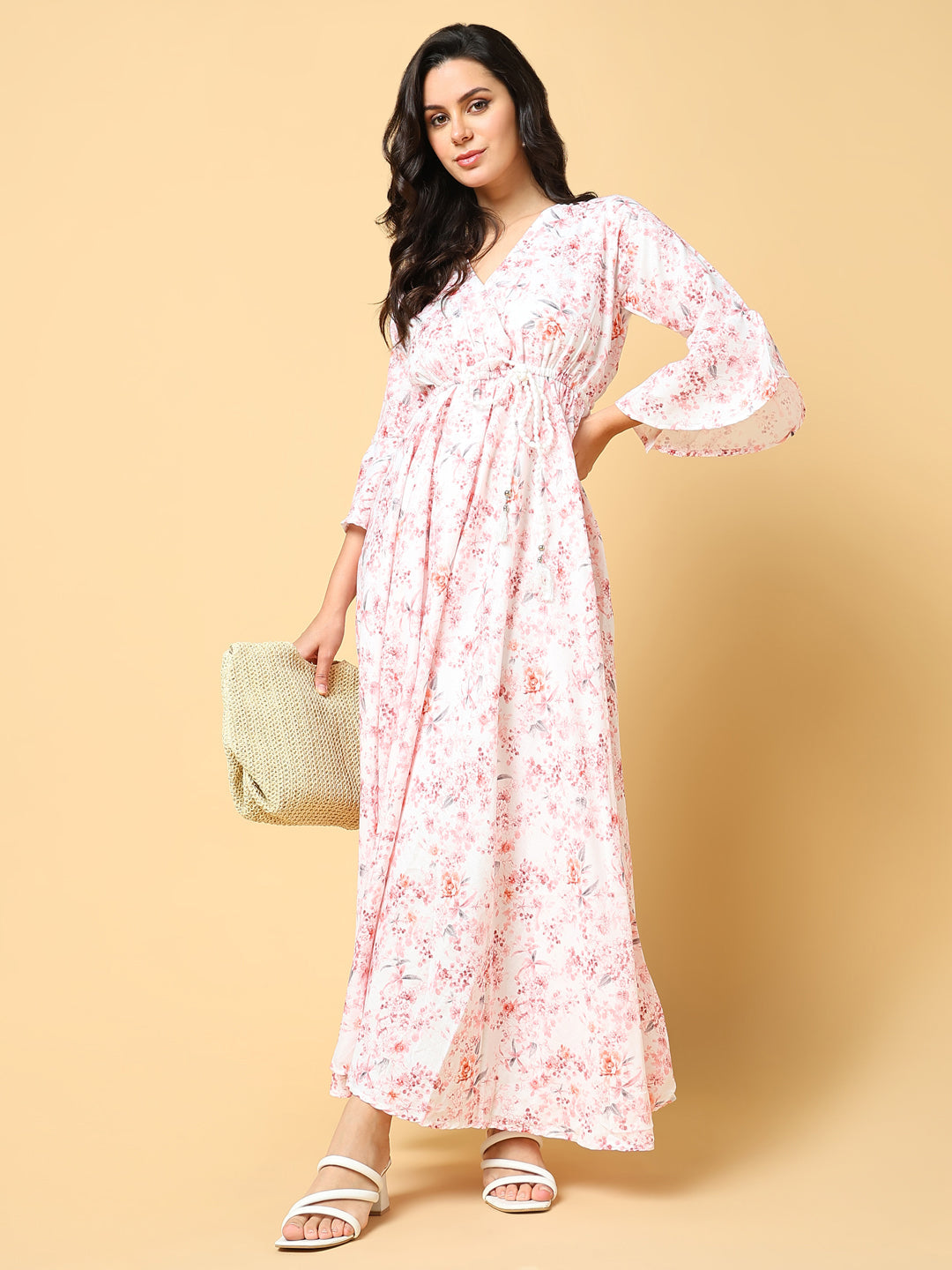 Women Printed Peach Fit and Flare Dress