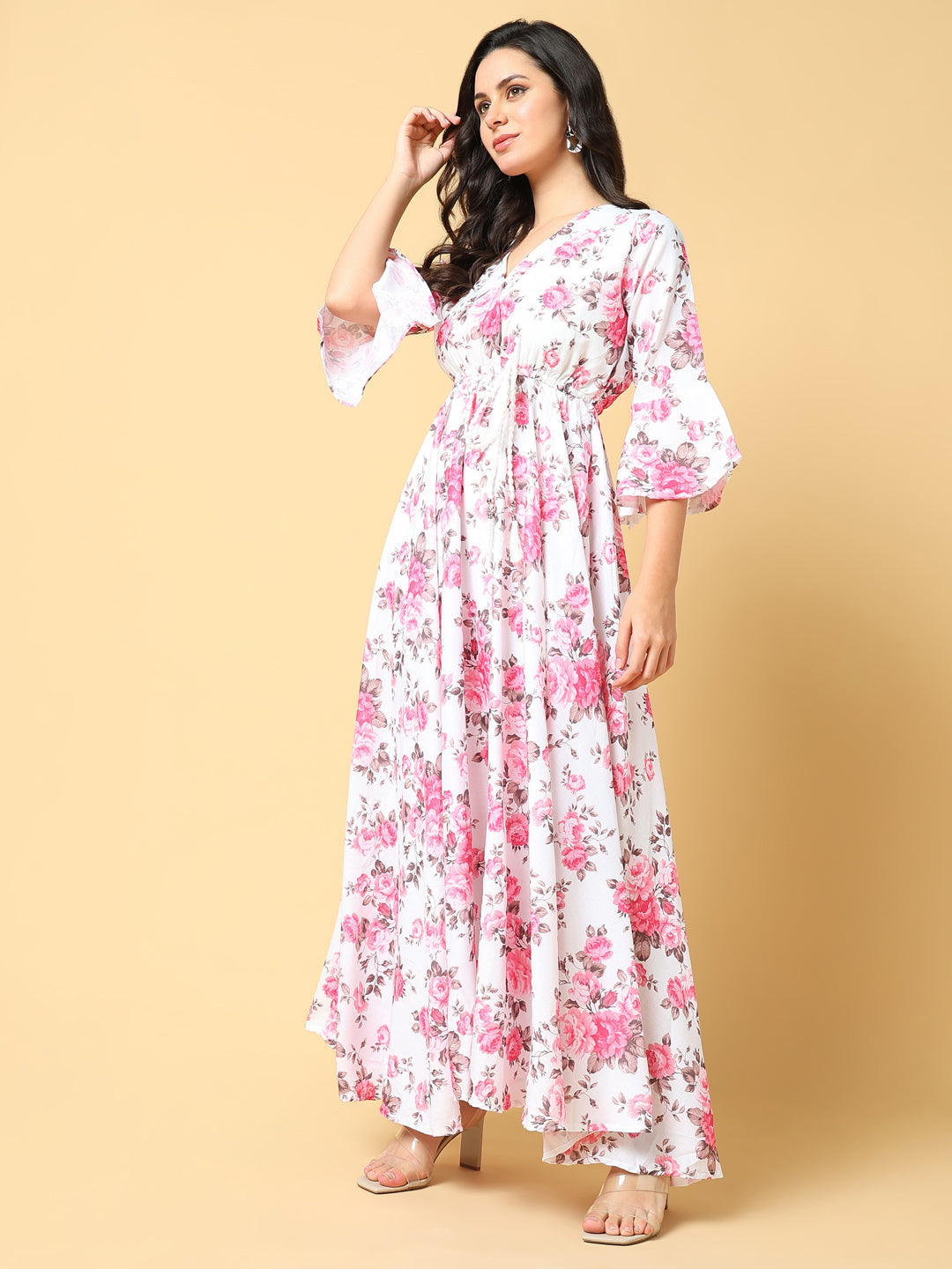 Women Printed Pink Fit and Flare Dress