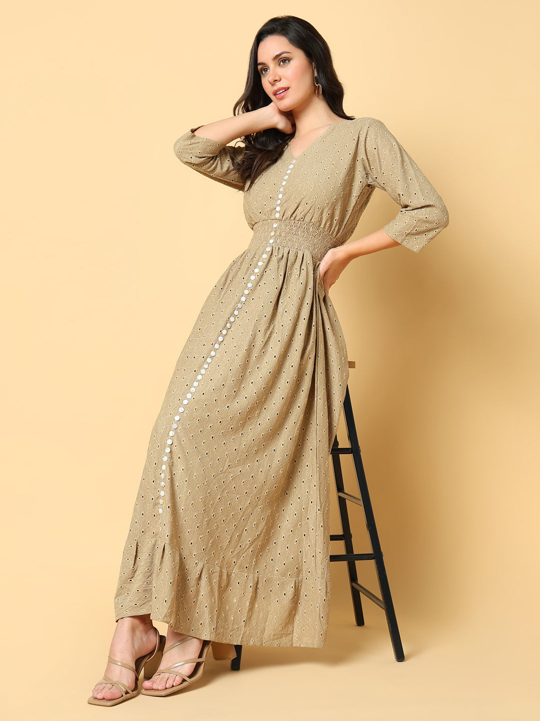 Women Solid Beige Fit and Flare Schiffli Dress