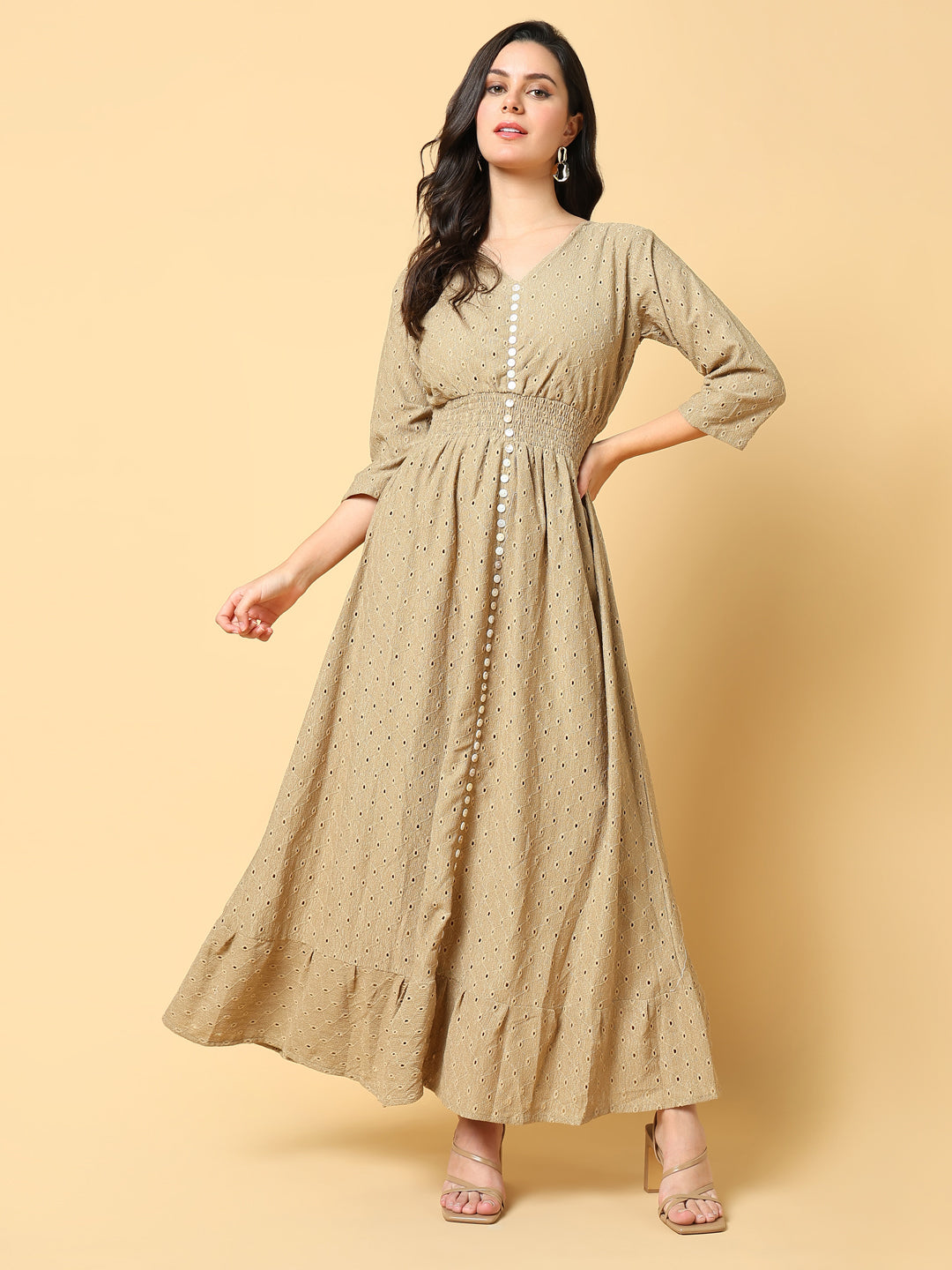 Women Solid Beige Fit and Flare Schiffli Dress