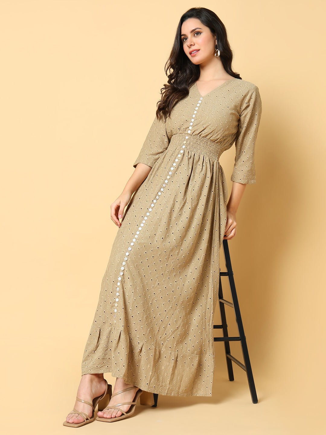 Women Solid Beige Fit and Flare Schiffli Dress