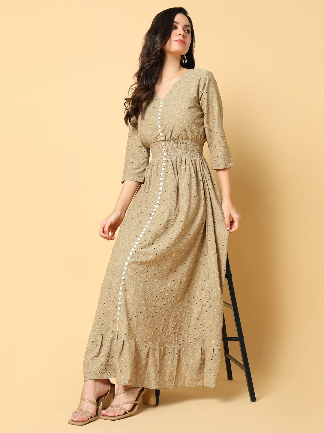 Women Solid Beige Fit and Flare Schiffli Dress