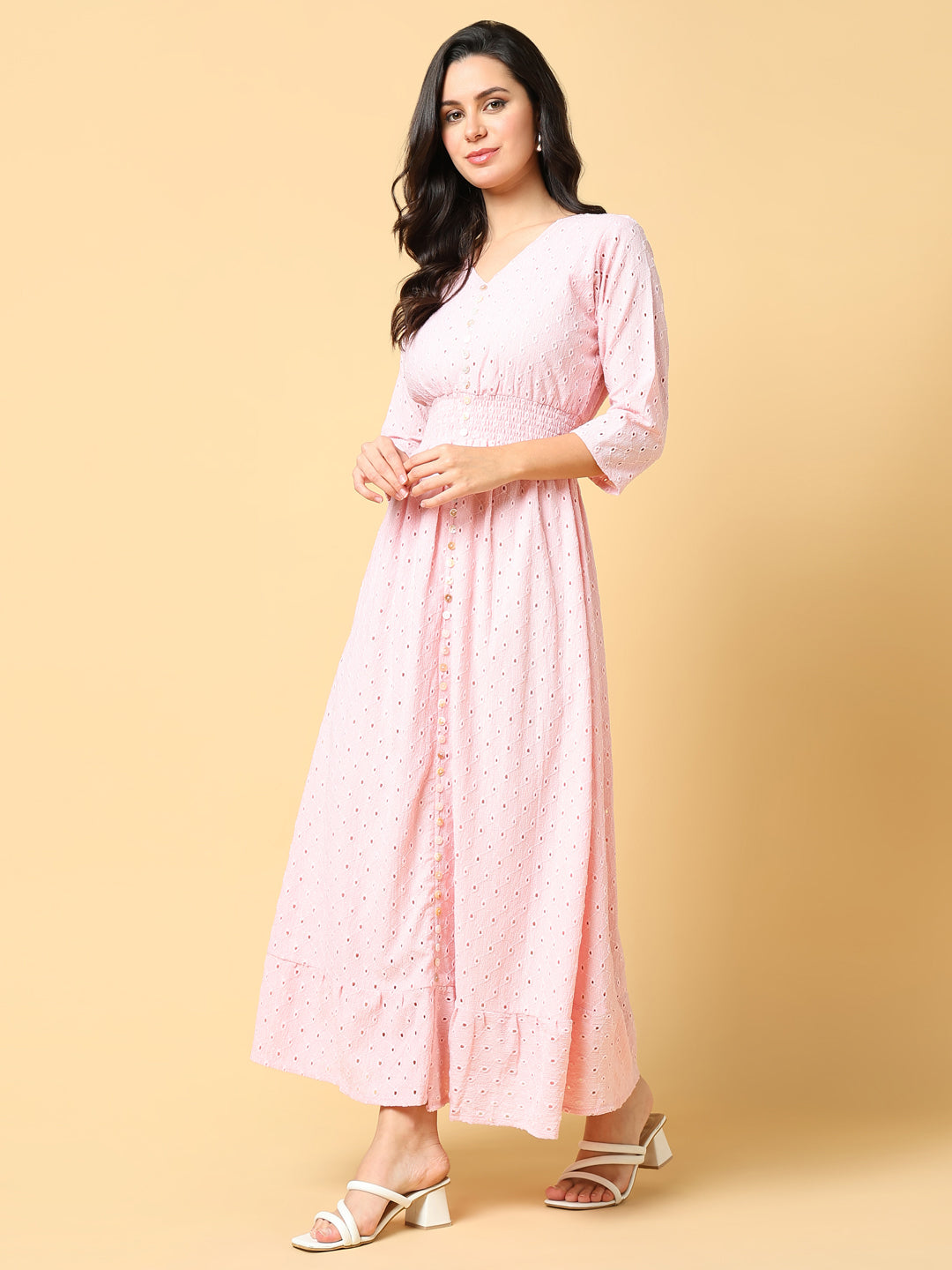 Women Solid Pink Fit and Flare Schiffli Dress