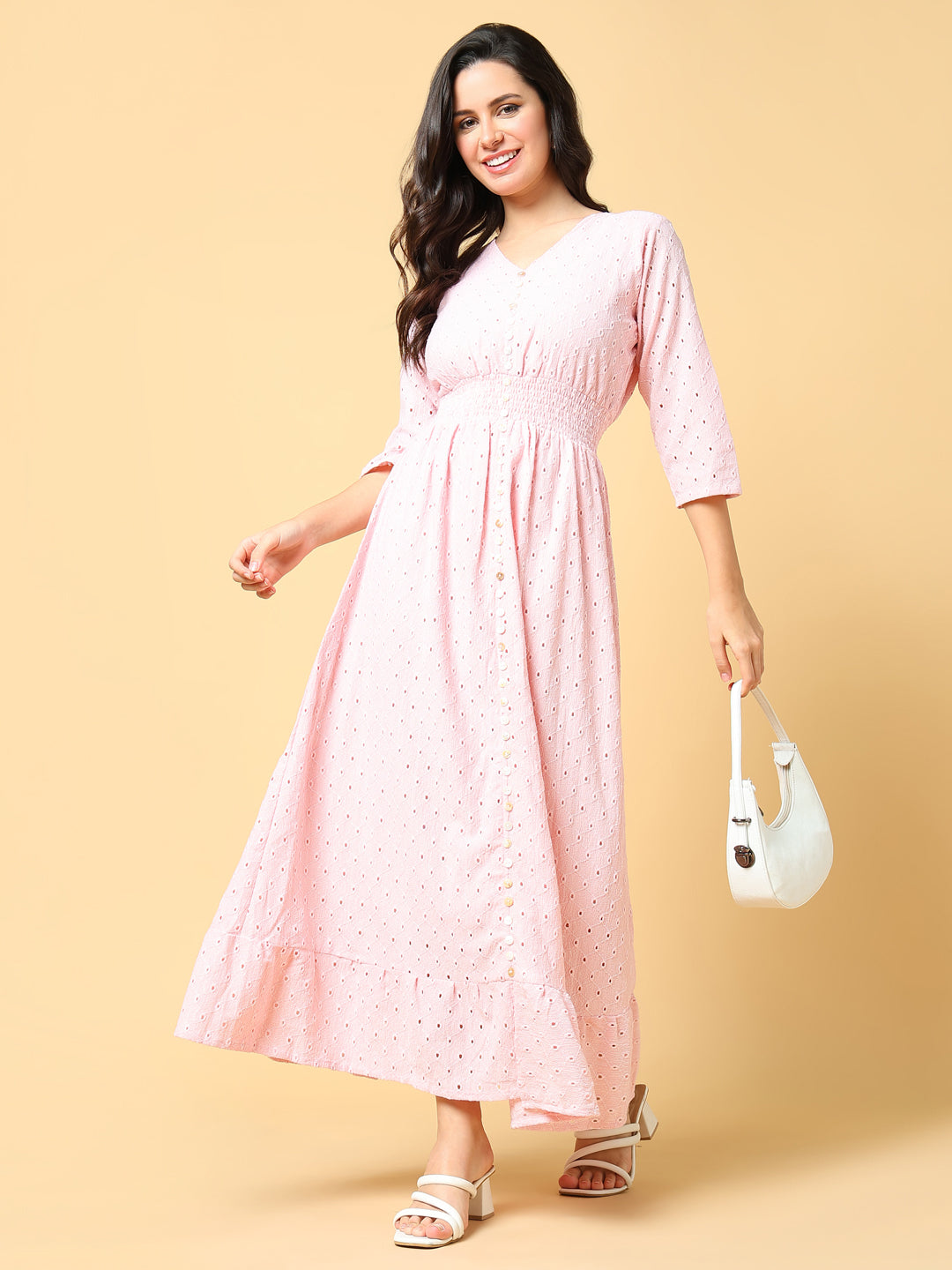 Women Solid Pink Fit and Flare Schiffli Dress