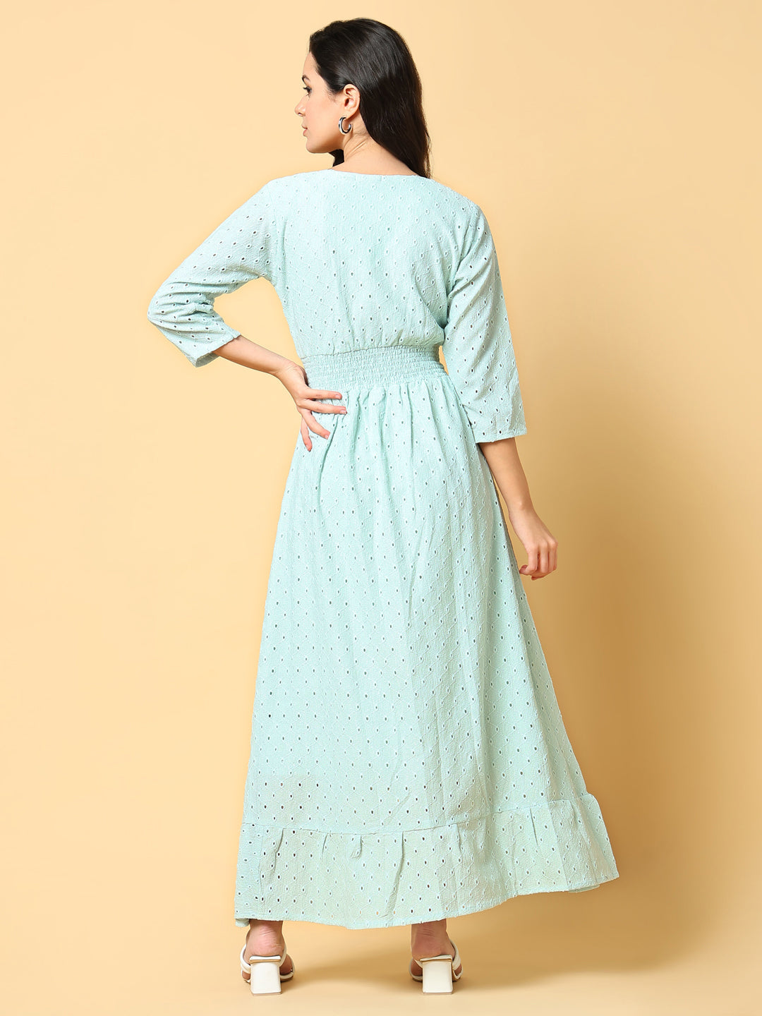 Women Solid Sea Green Fit and Flare Schiffli Dress