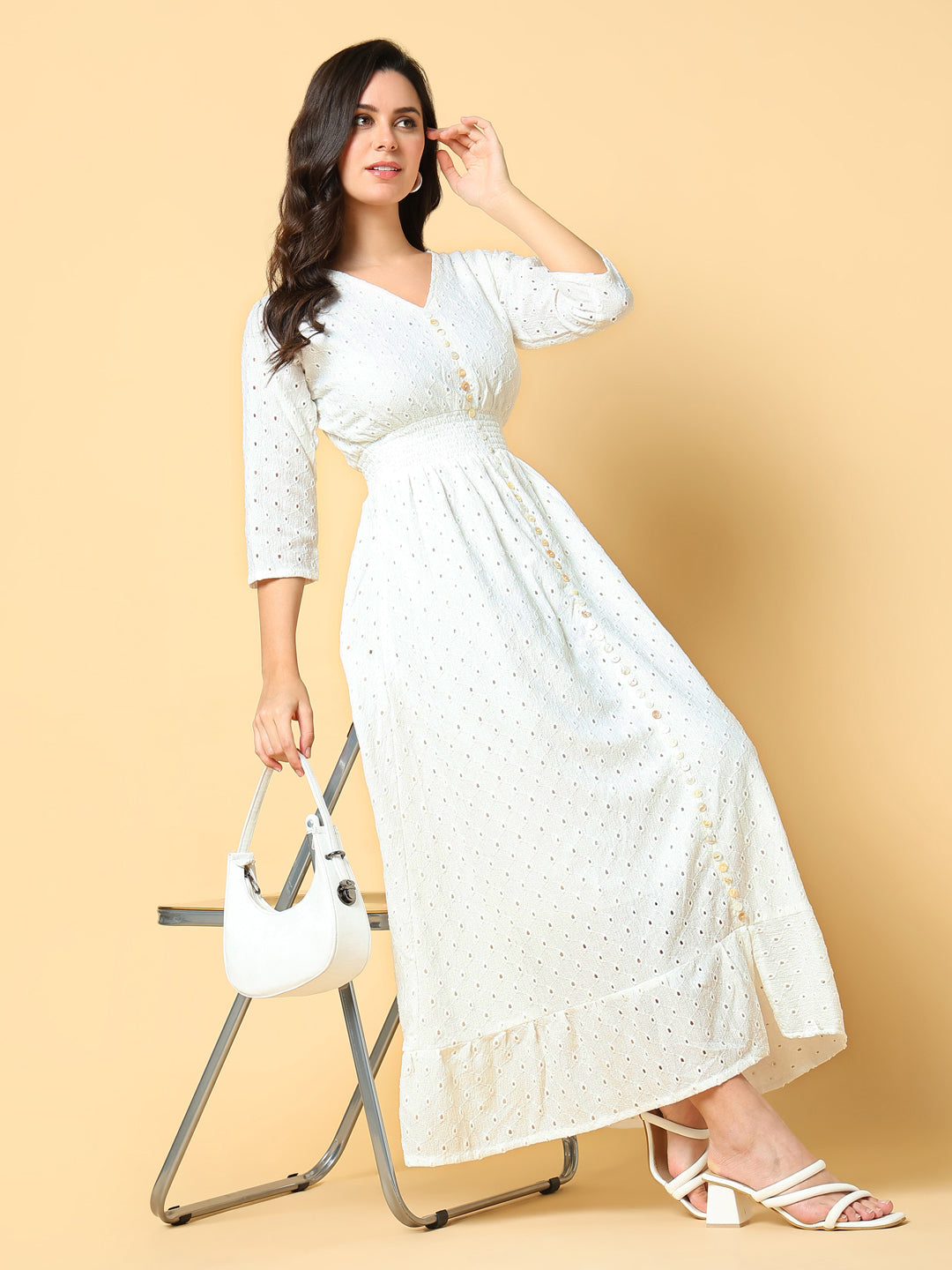 Women Solid White Fit and Flare Schiffli Dress