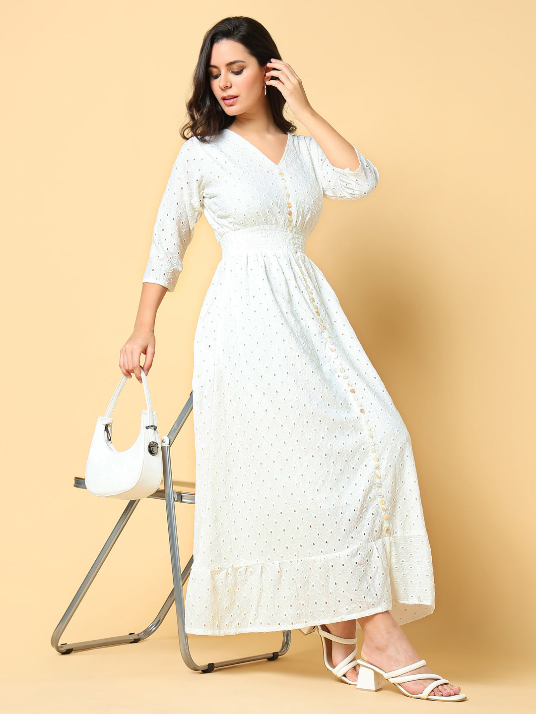 Women Solid White Fit and Flare Schiffli Dress