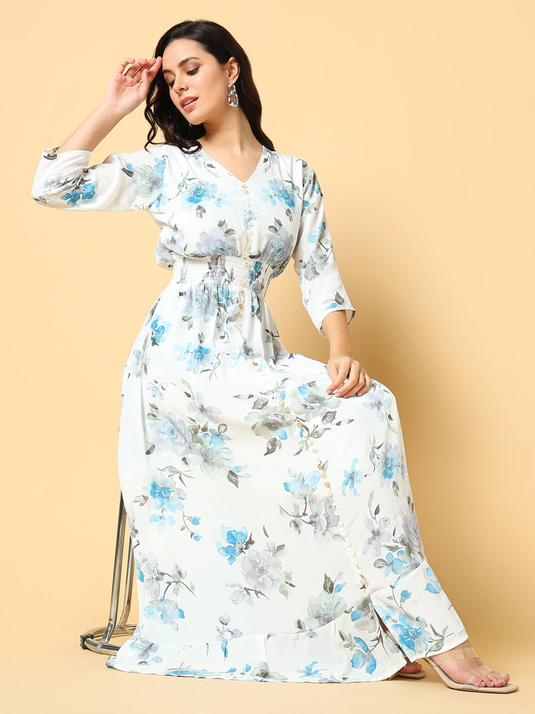 Women Printed Blue Fit and Flare Dress