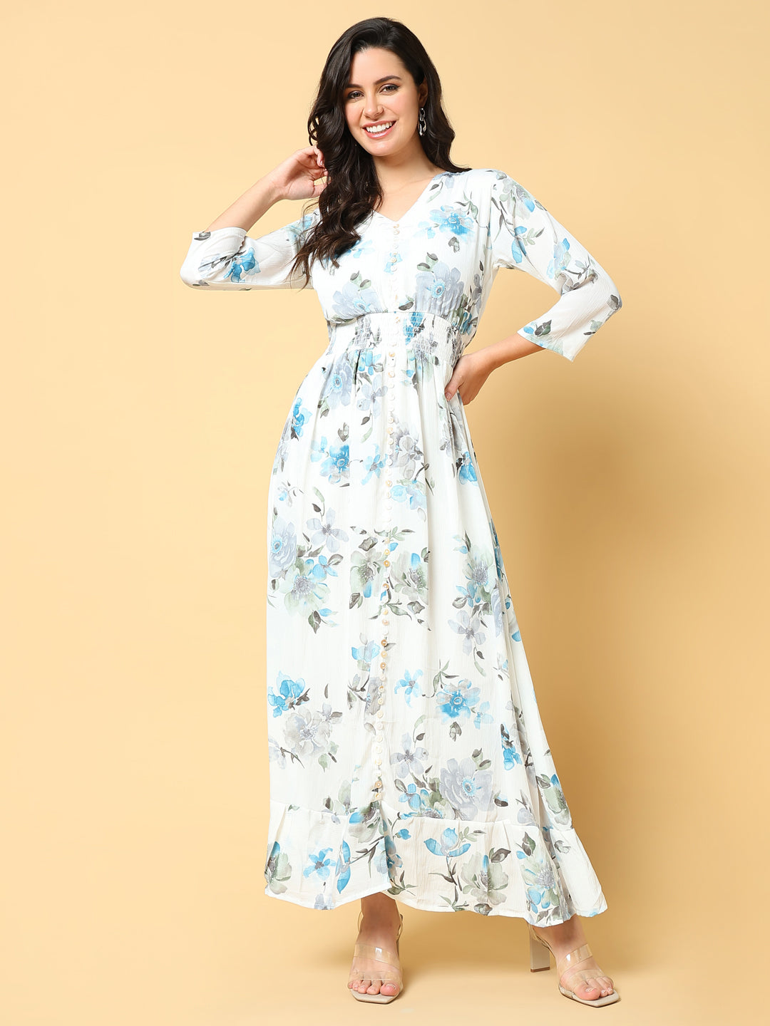 Women Printed Blue Fit and Flare Dress