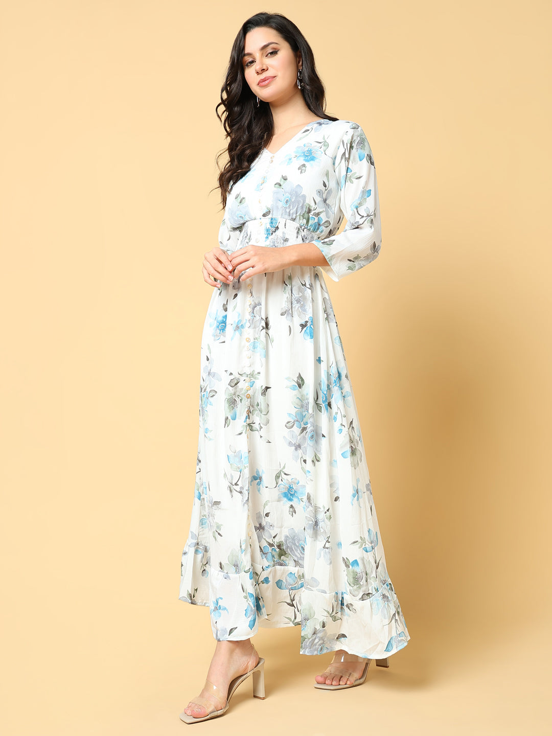 Women Printed Blue Fit and Flare Dress