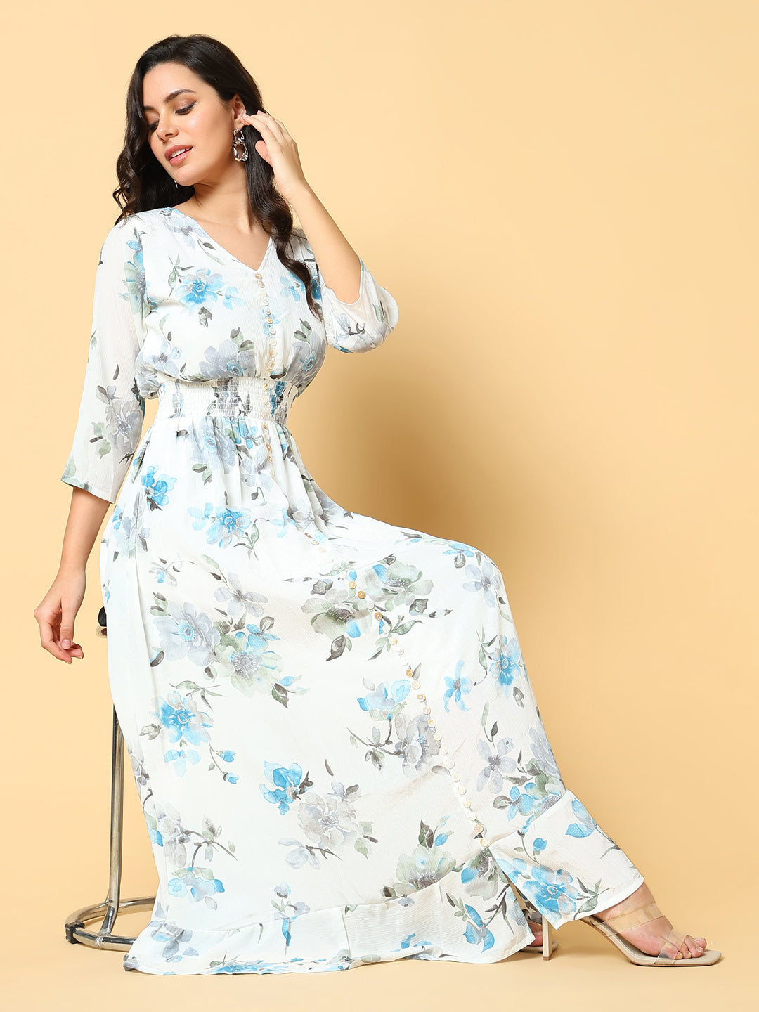 Women Printed Blue Fit and Flare Dress