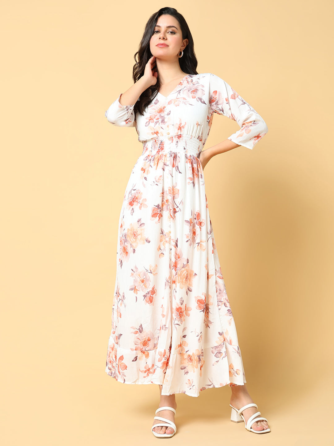 Women Printed Peach Fit and Flare Dress