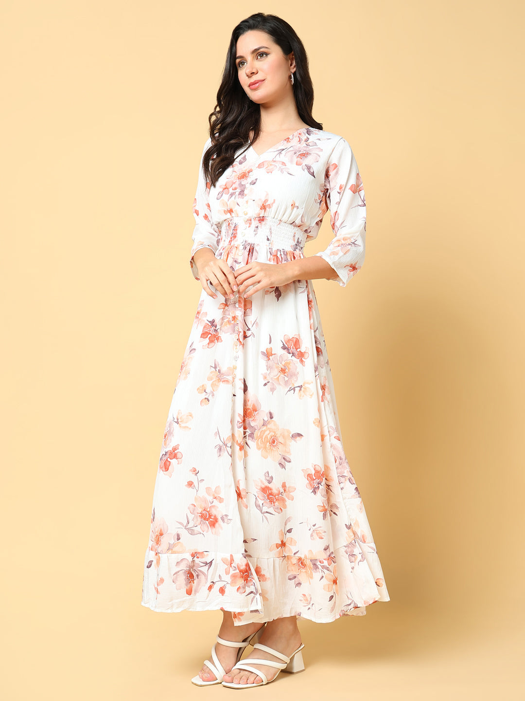 Women Printed Peach Fit and Flare Dress