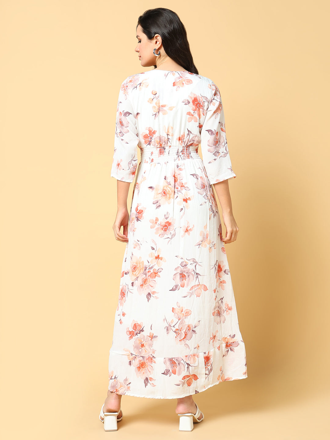 Women Printed Peach Fit and Flare Dress