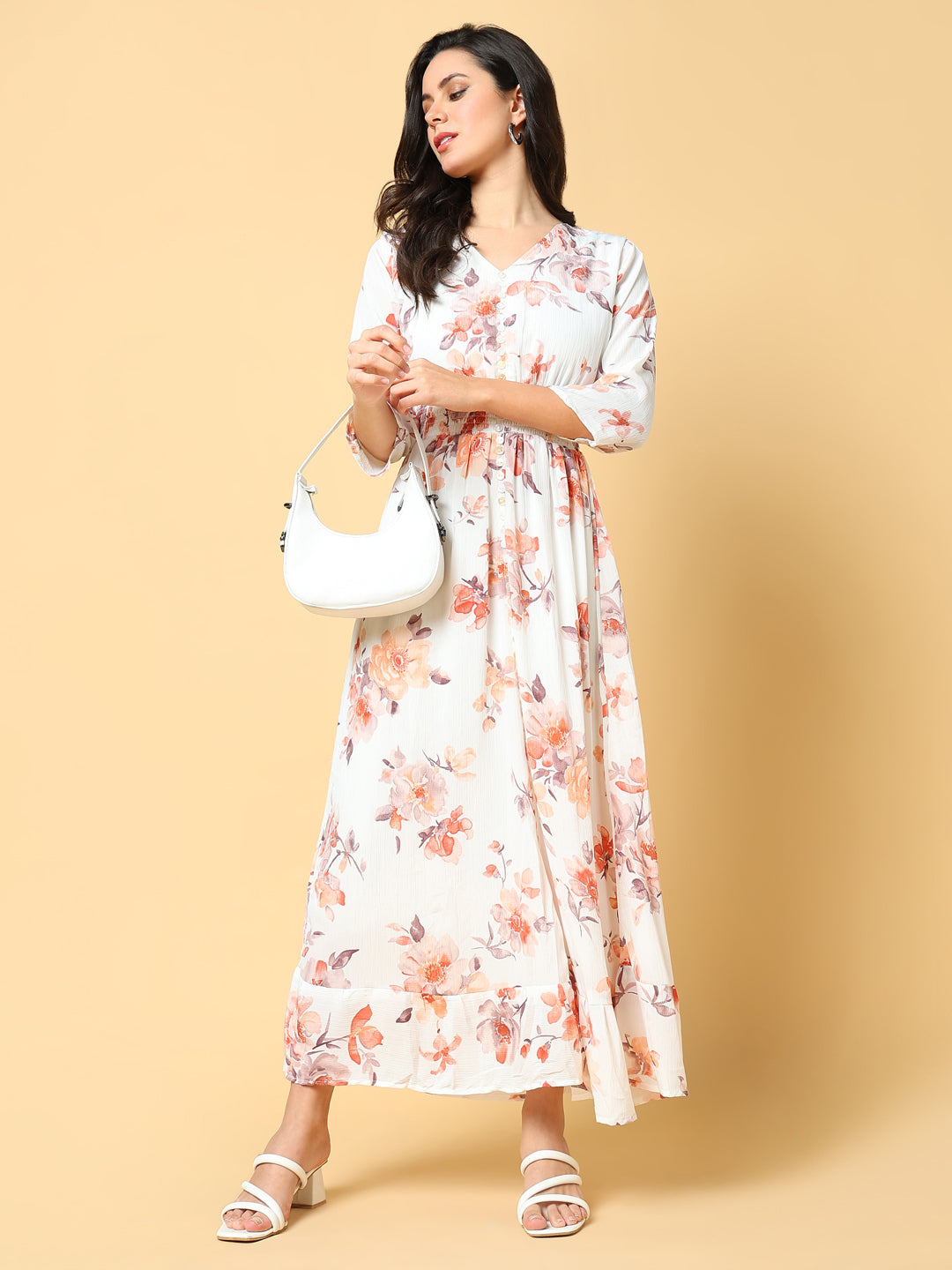 Women Printed Peach Fit and Flare Dress