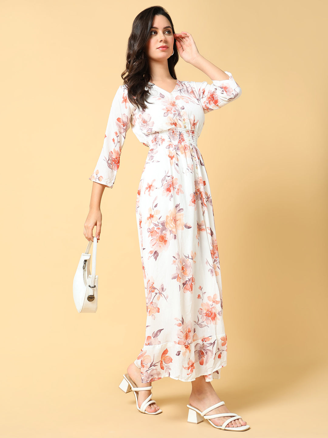 Women Printed Peach Fit and Flare Dress