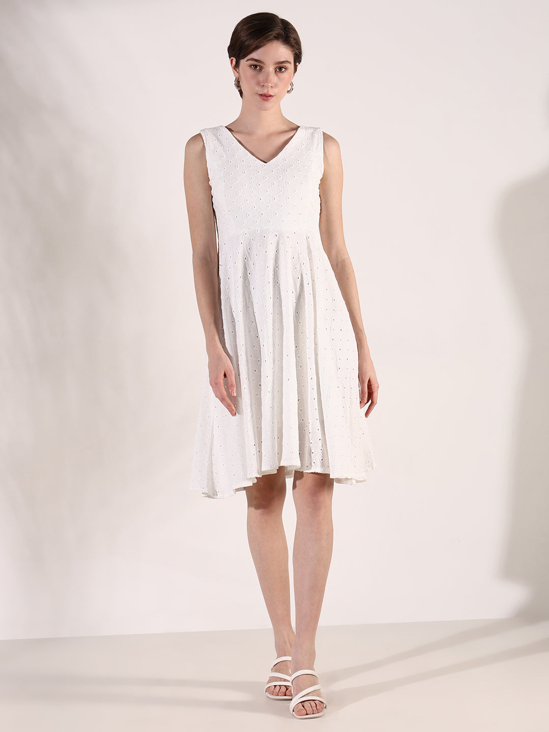 Women White Solid Fit and Flare Dress