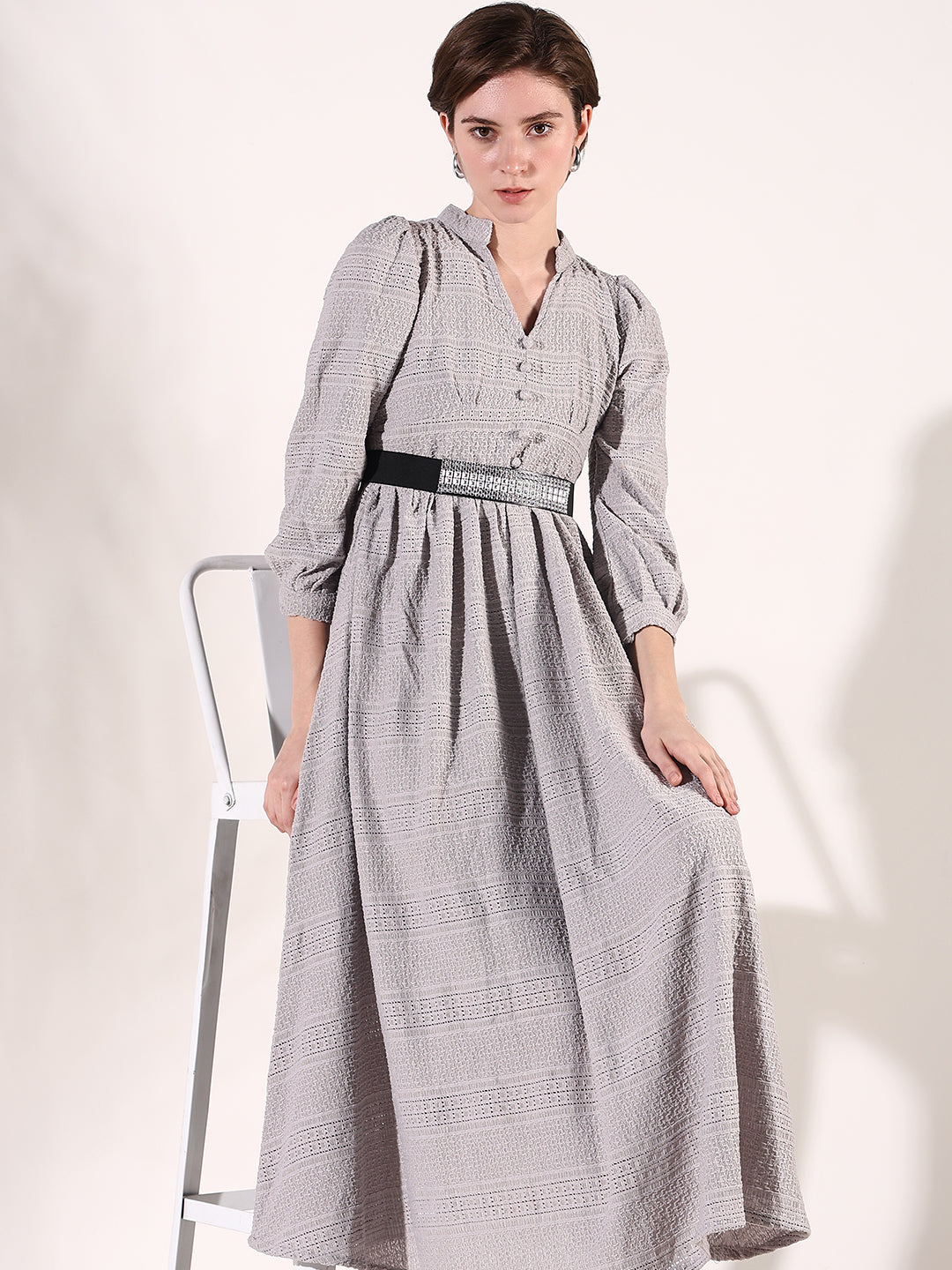 Women Grey Solid Fit and Flare Dress with Belt