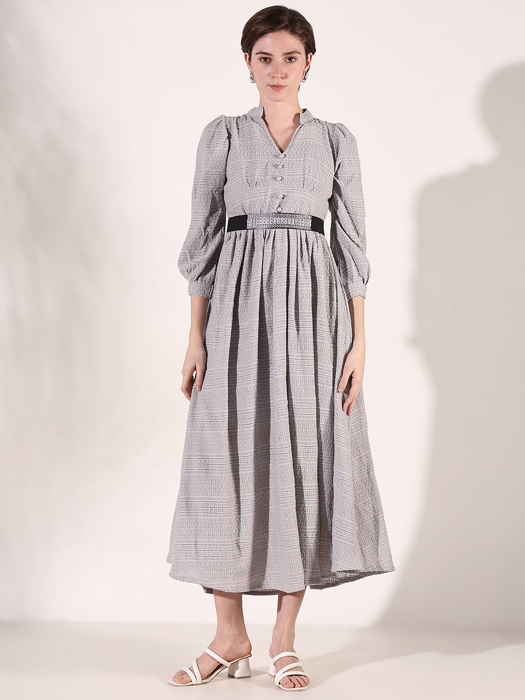 Women Grey Solid Fit and Flare Dress with Belt