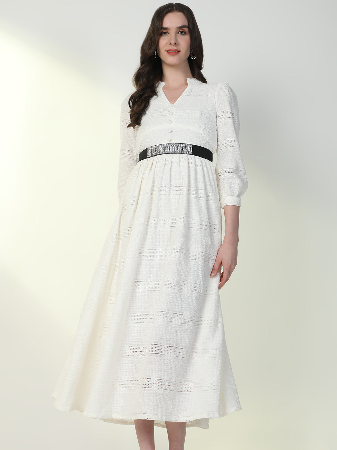 Women Solid White Flared Dress with Belt