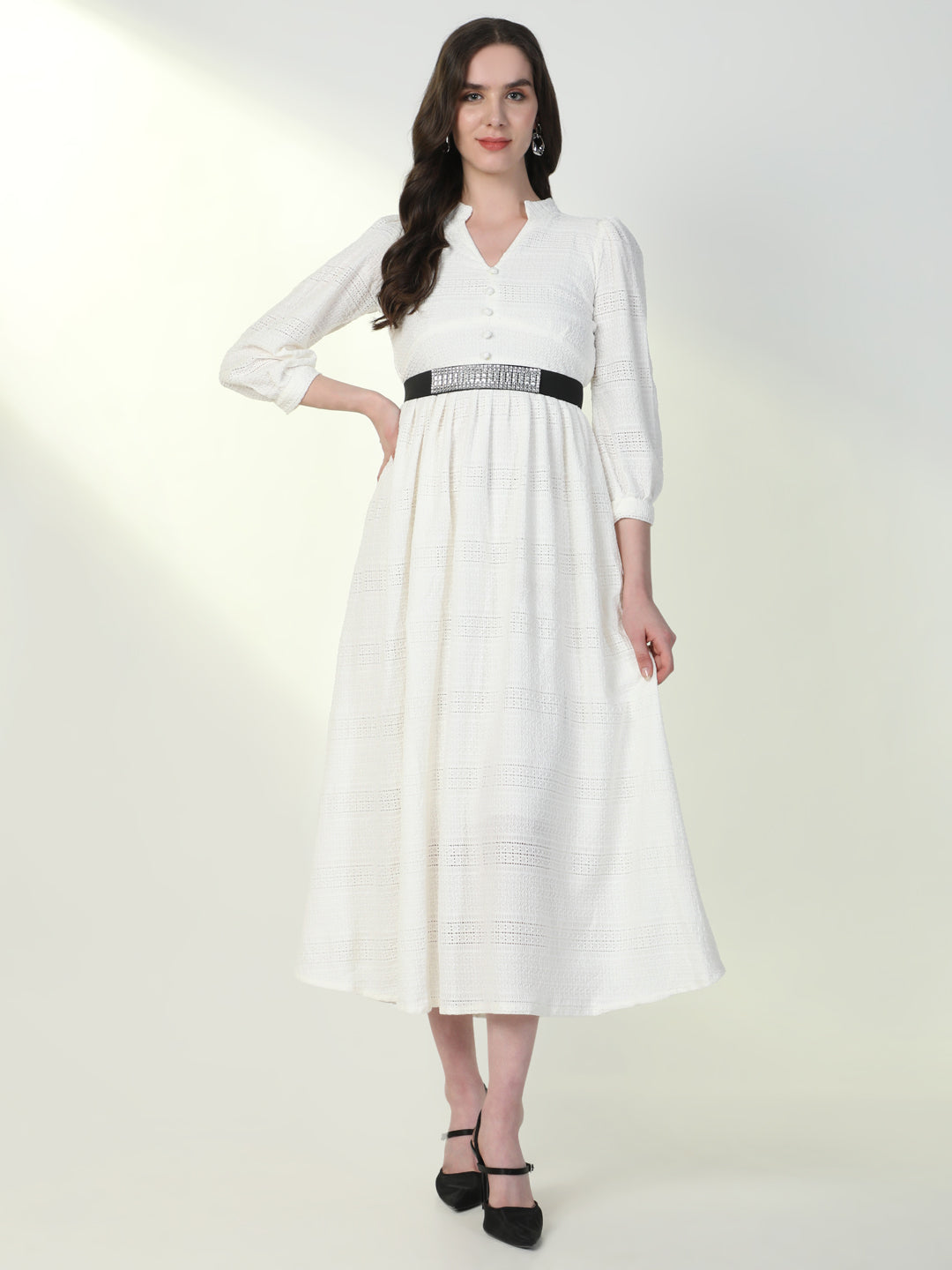 Women Solid White Flared Dress with Belt