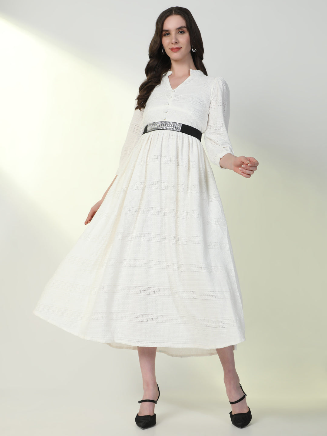 Women Solid White Flared Dress with Belt