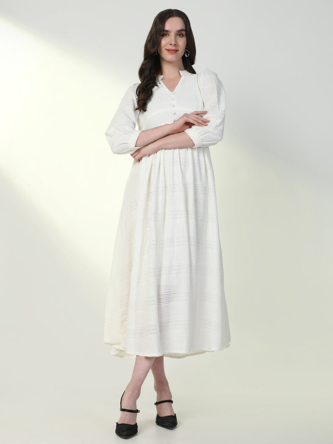 Women Solid White Flared Dress with Belt