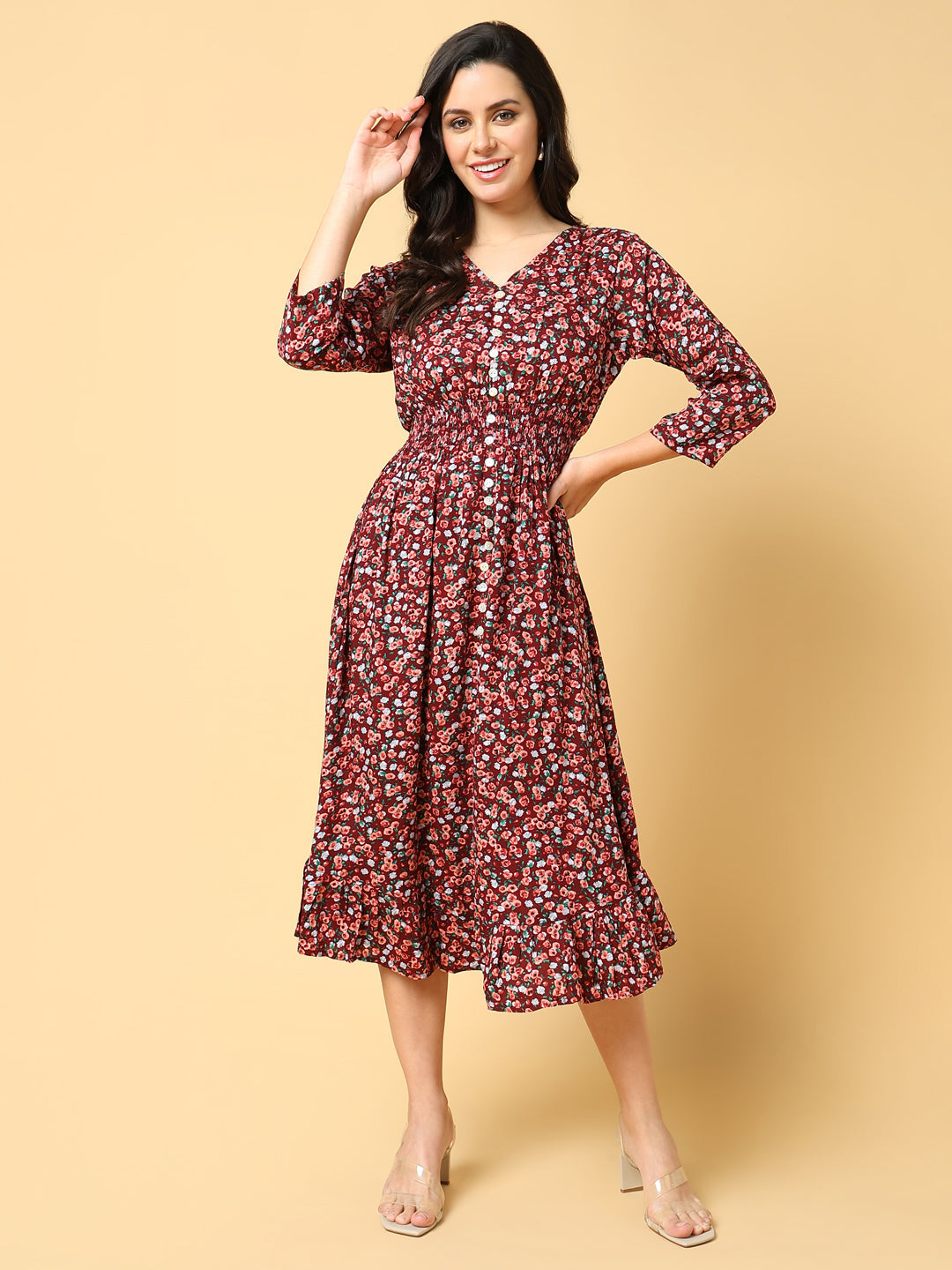 Women Printed Maroon Fit and Flare Dress