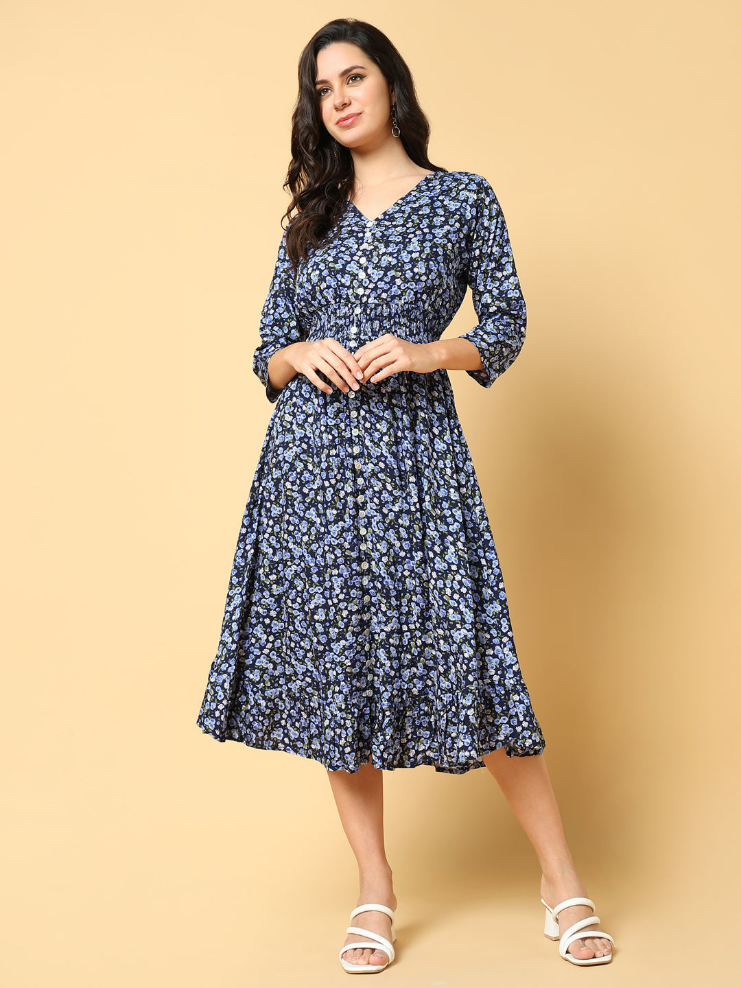 Women Printed Navy Blue Fit and Flare Dress