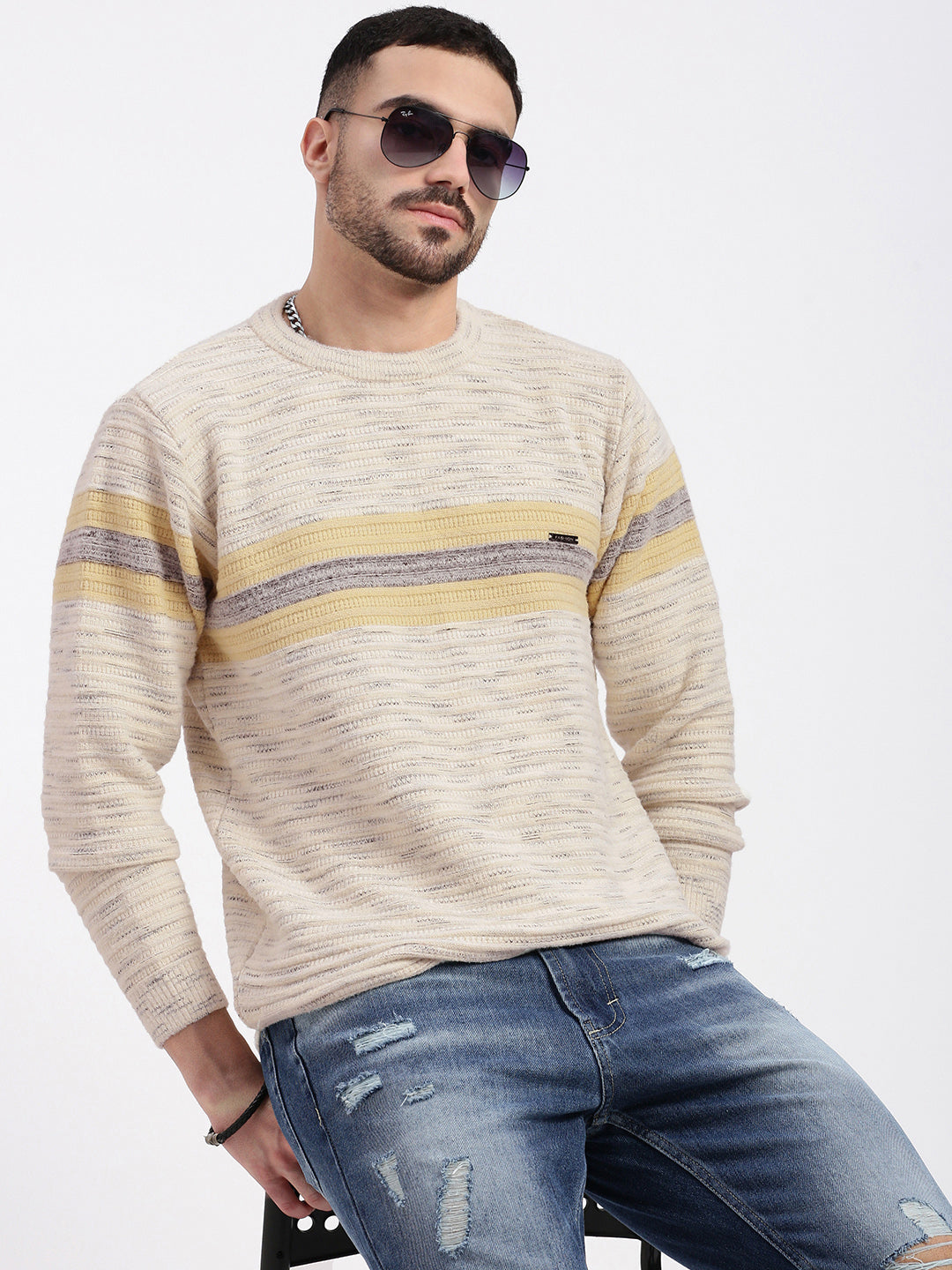 Men Cream Striped Sweater