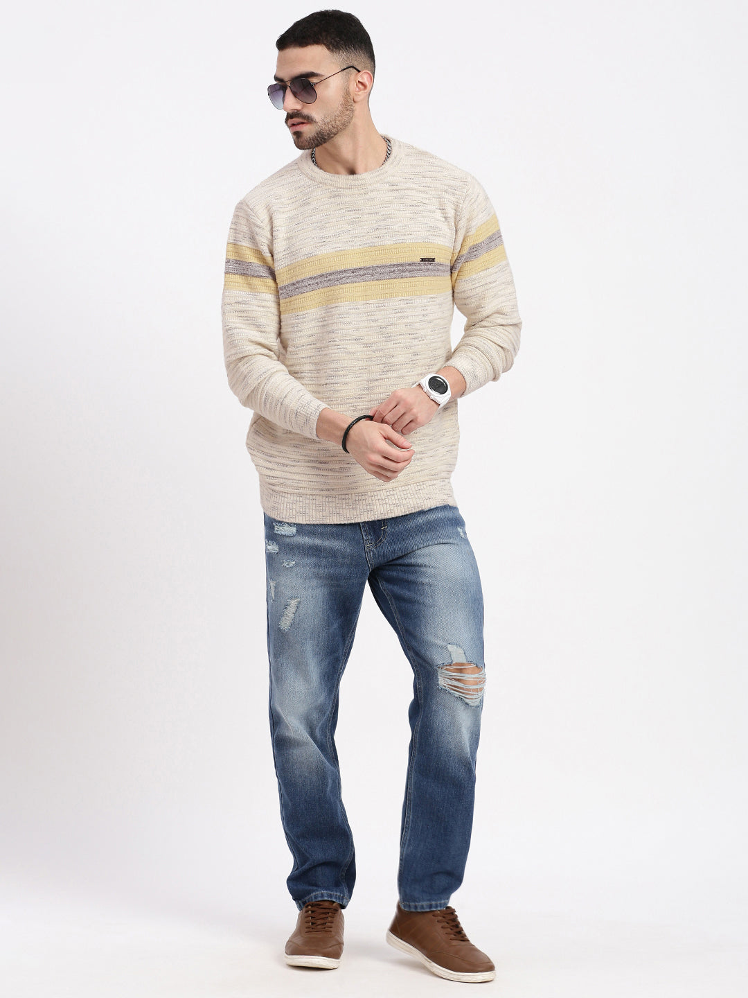 Men Cream Striped Sweater