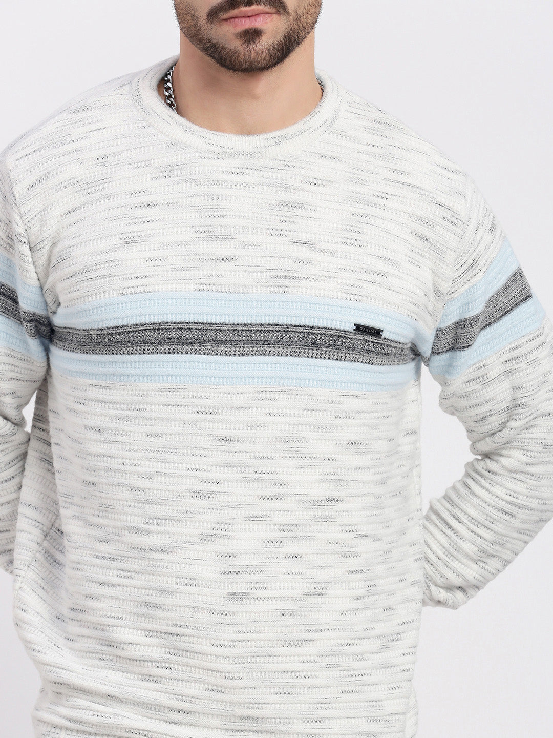 Men White Striped Sweater