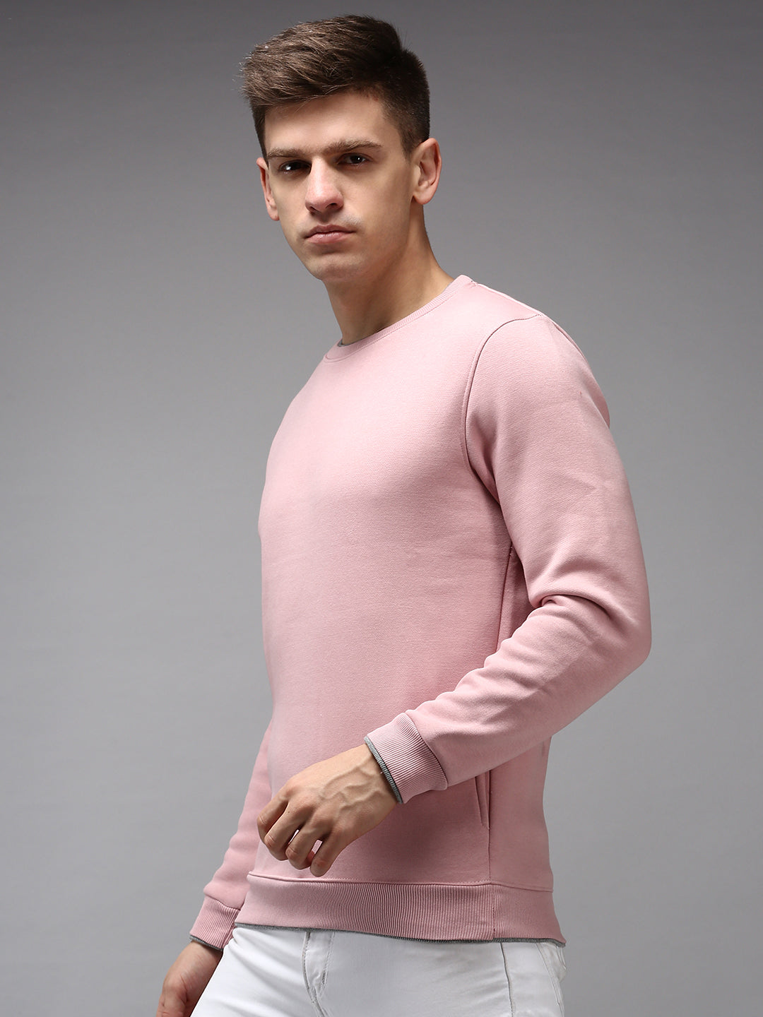 Men Round Neck Solid Pink Pullover