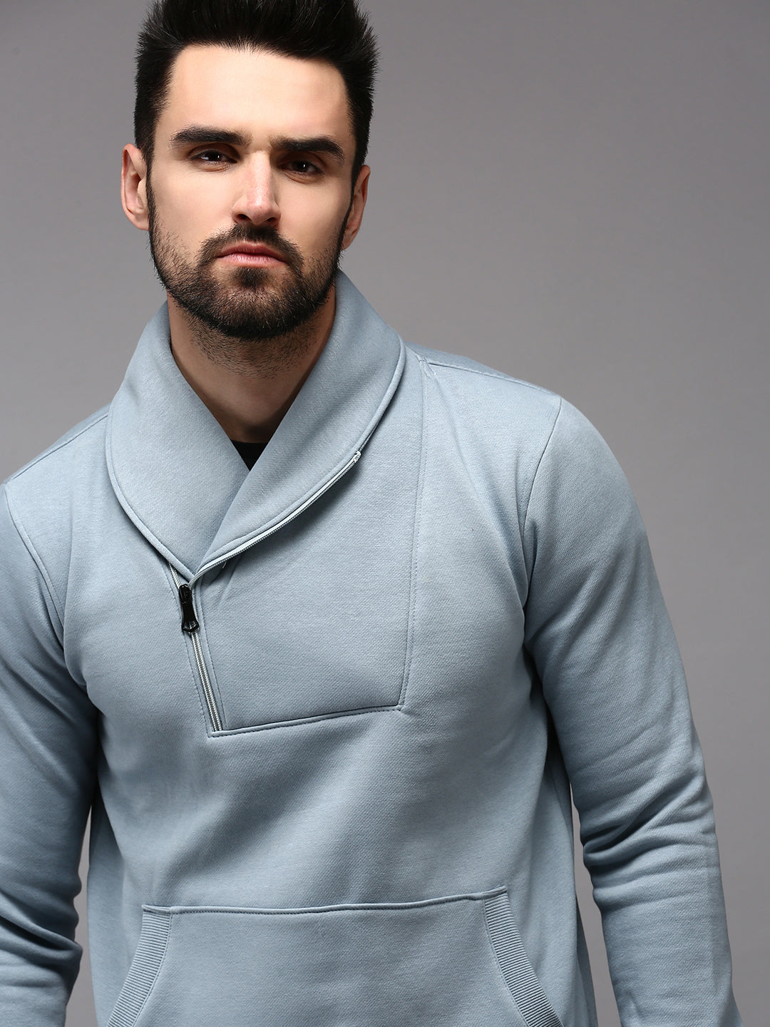 Men Collared Solid Blue Pullover
