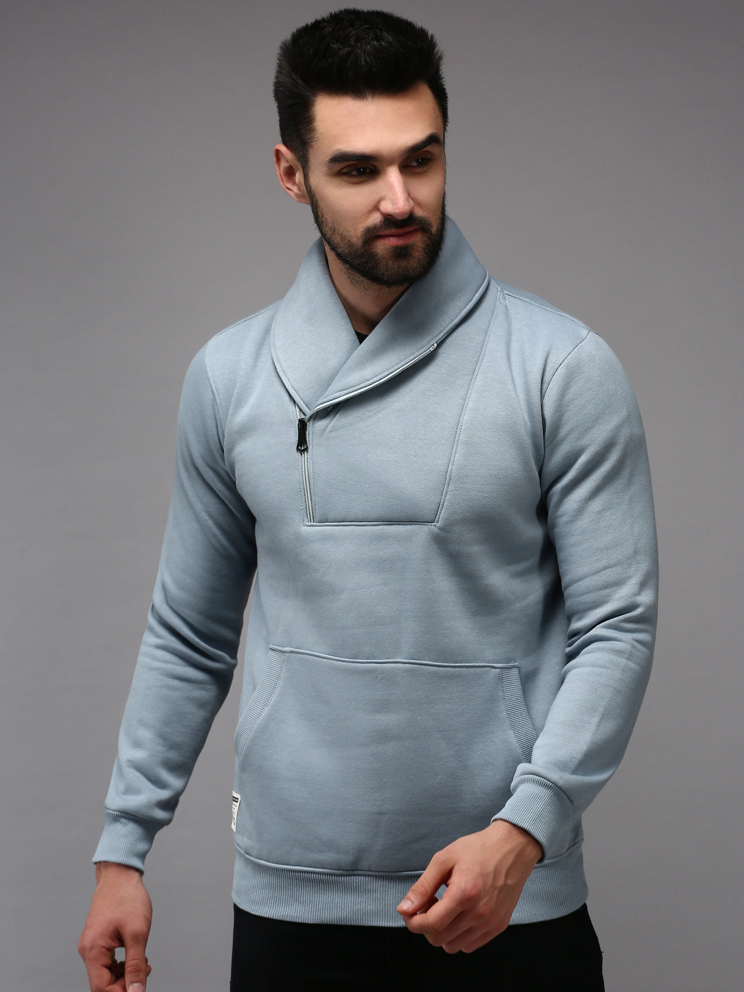 Men Collared Solid Blue Pullover